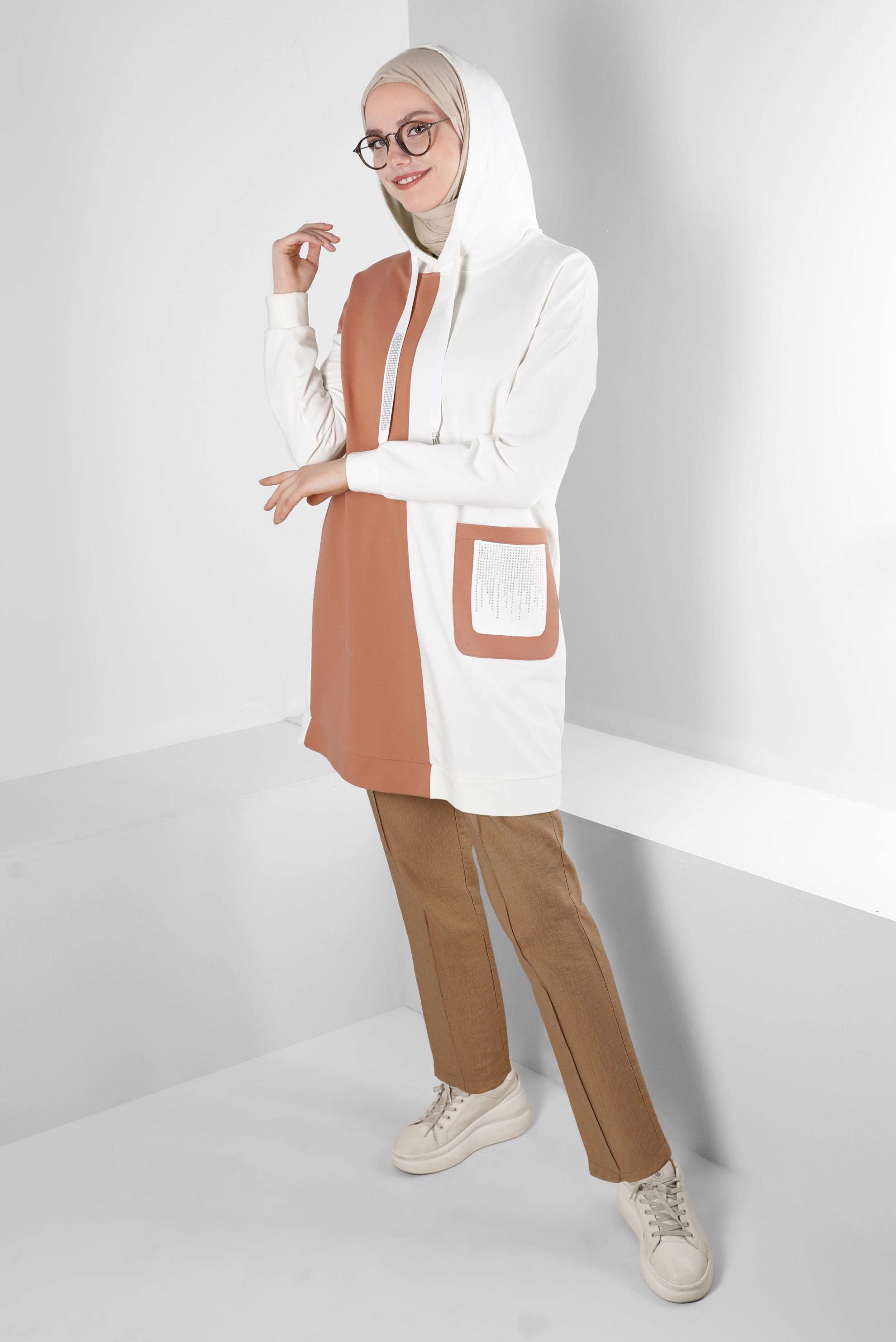 Tesettür giyim PEMBE RENK BLOKLU TAŞ İŞLEMELİ EŞOFMAN TUNİK 43558