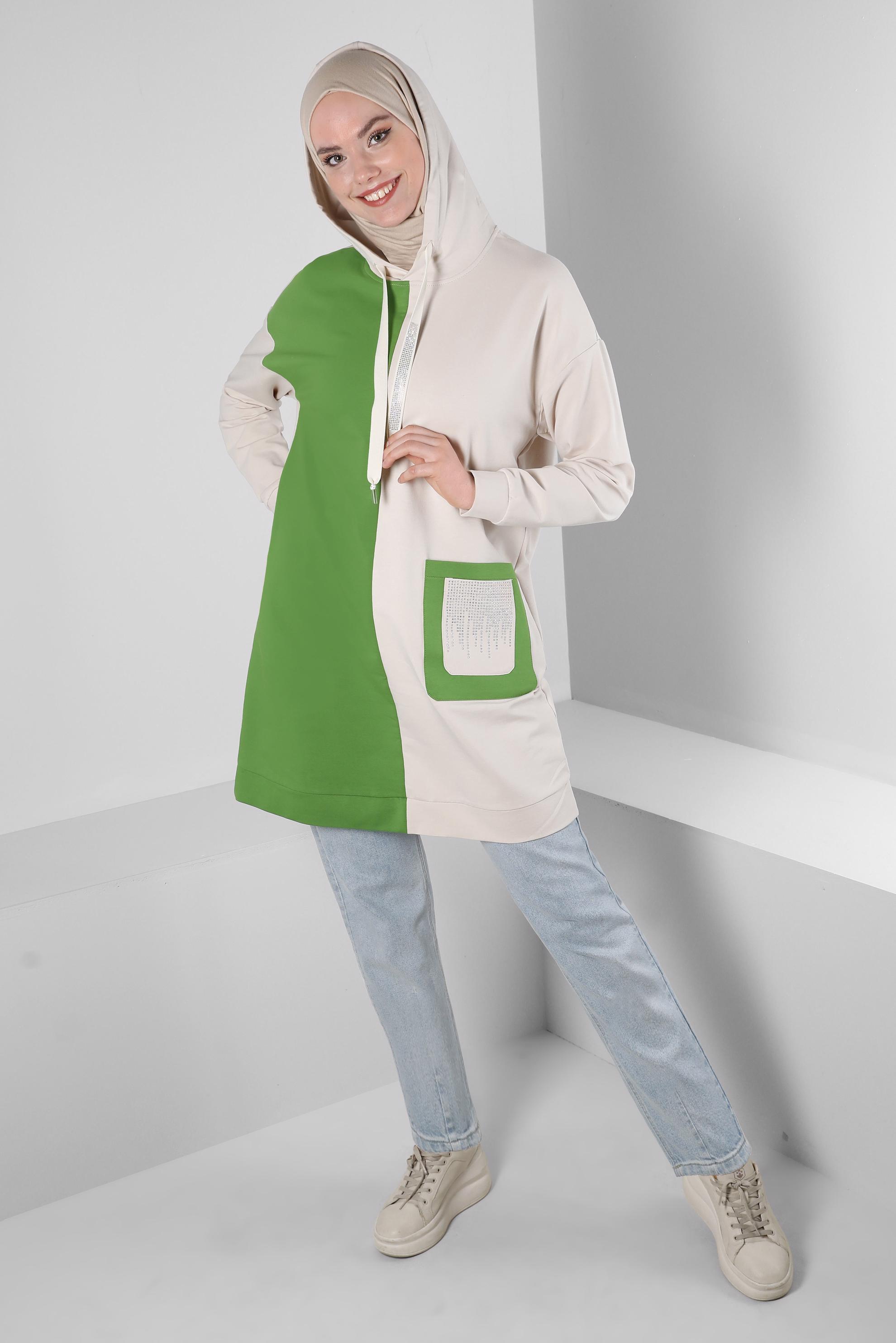 Tesettür giyim YEŞİL RENK BLOKLU TAŞ İŞLEMELİ EŞOFMAN TUNİK 43558