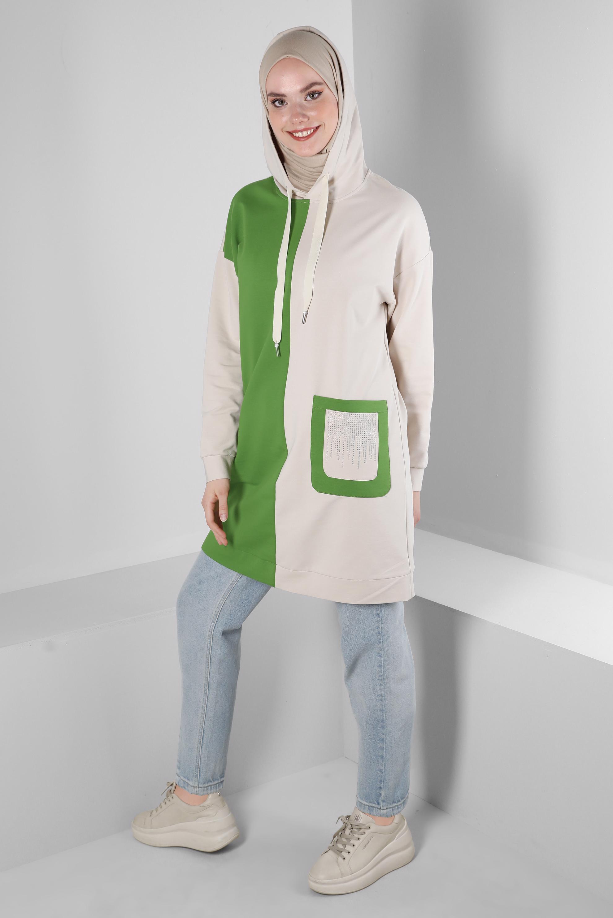 Tesettür giyim YEŞİL RENK BLOKLU TAŞ İŞLEMELİ EŞOFMAN TUNİK 43558