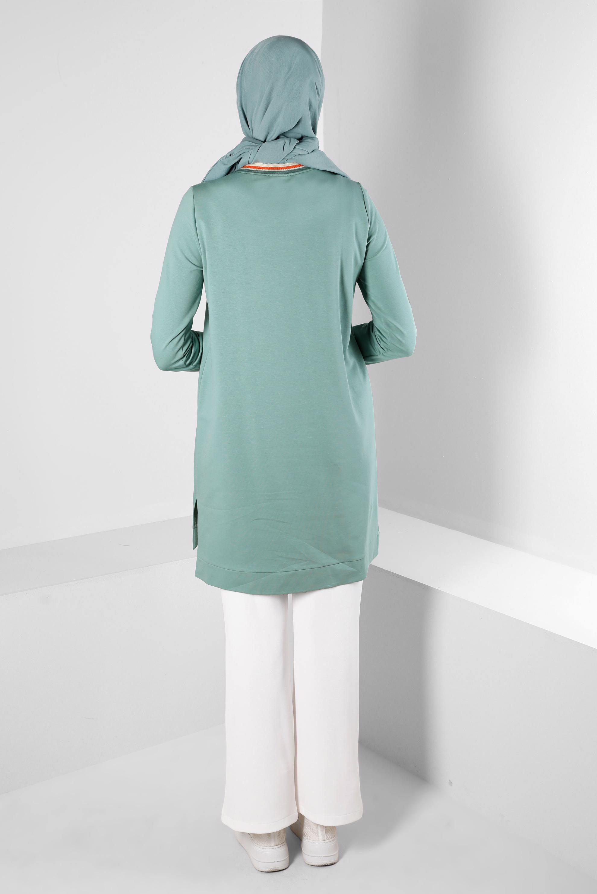 Tesettür giyim MAVİ BASKILI ŞERİT DETAYLI EŞOFMAN TUNİK 43559