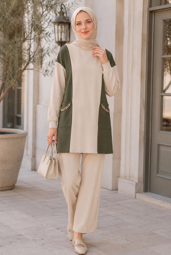 Vêtements hijab KAKI TUNIQUE DE SURVÊTEMENT AVEC DÉTAIL DE CHAÎNE 43561 - ALVİNA