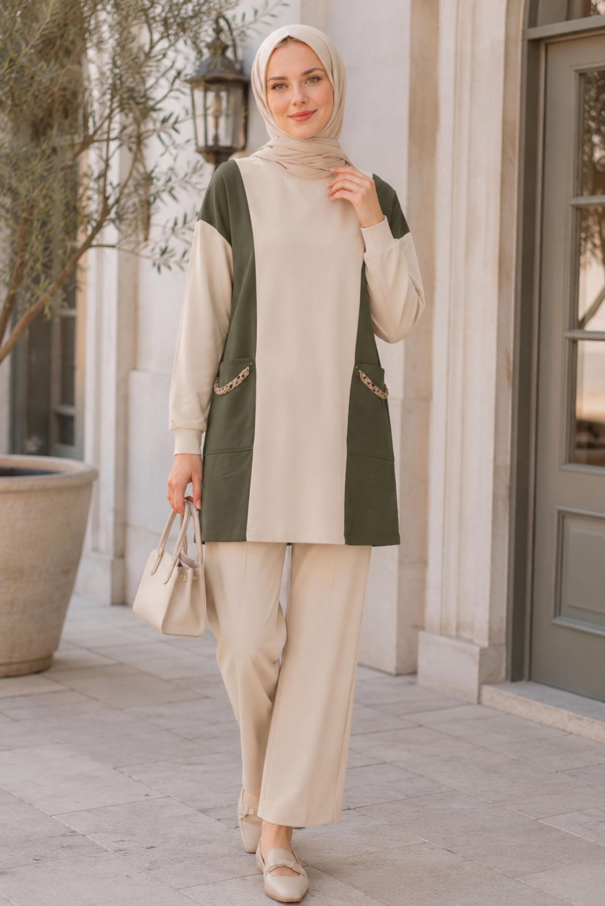 Vêtements hijab KAKI TUNIQUE DE SURVÊTEMENT AVEC DÉTAIL DE CHAÎNE 43561