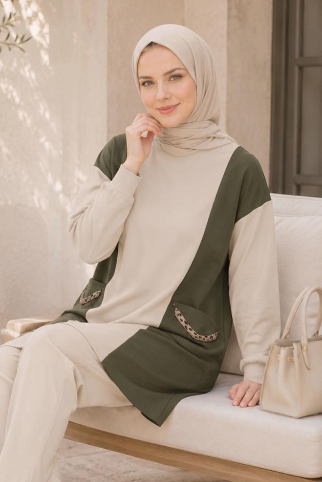 Vêtements hijab KAKI TUNIQUE DE SURVÊTEMENT AVEC DÉTAIL DE CHAÎNE 43561 - ALVİNA
