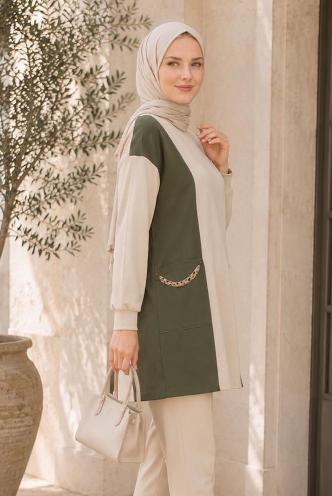 Vêtements hijab KAKI TUNIQUE DE SURVÊTEMENT AVEC DÉTAIL DE CHAÎNE 43561 - ALVİNA