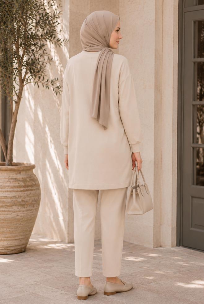 Vêtements hijab KAKI TUNIQUE DE SURVÊTEMENT AVEC DÉTAIL DE CHAÎNE 43561 - ALVİNA