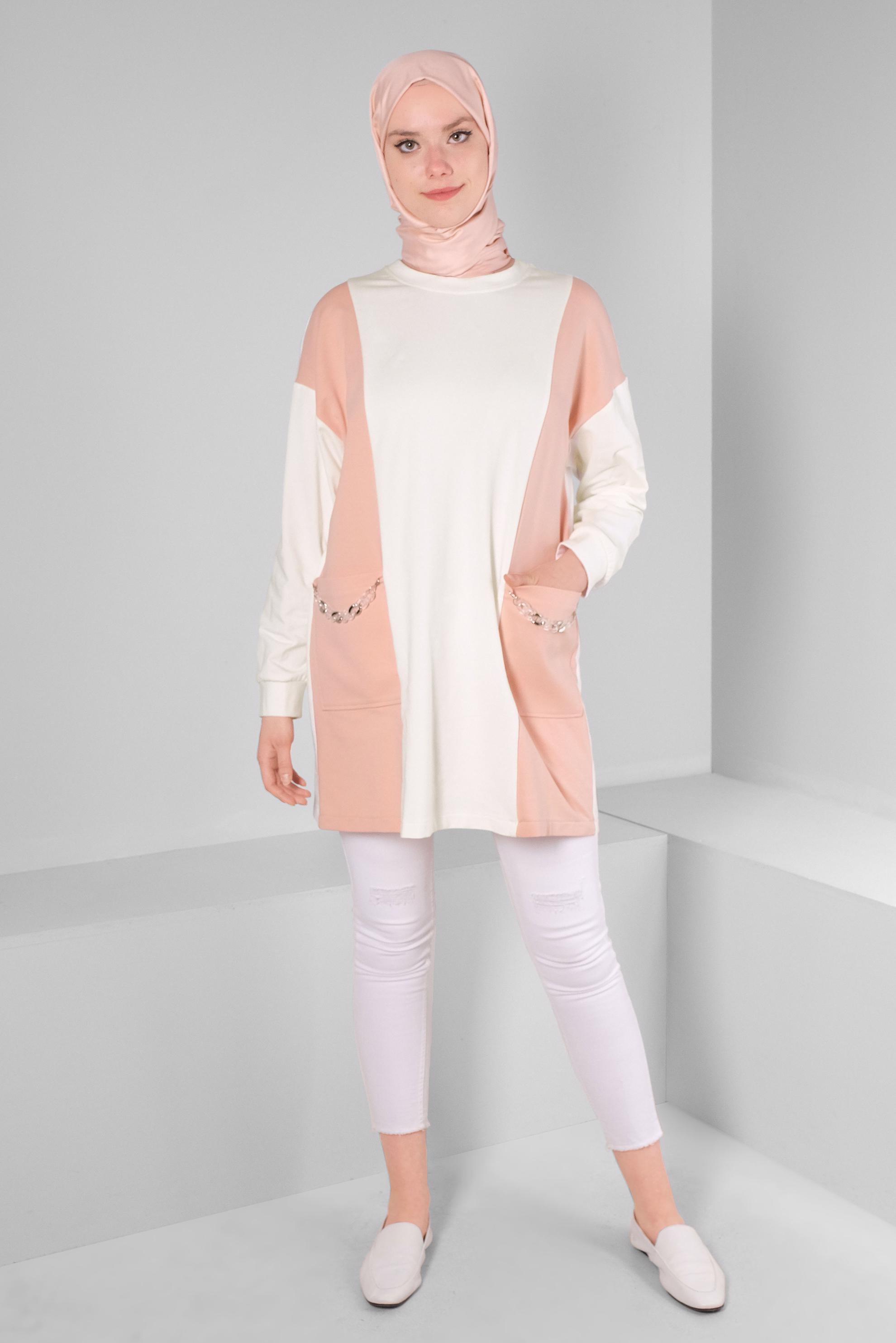 Tesettür giyim PUDRA RENK BLOKLU ZİNCİR DETAYLI EŞOFMAN TUNİK 43561