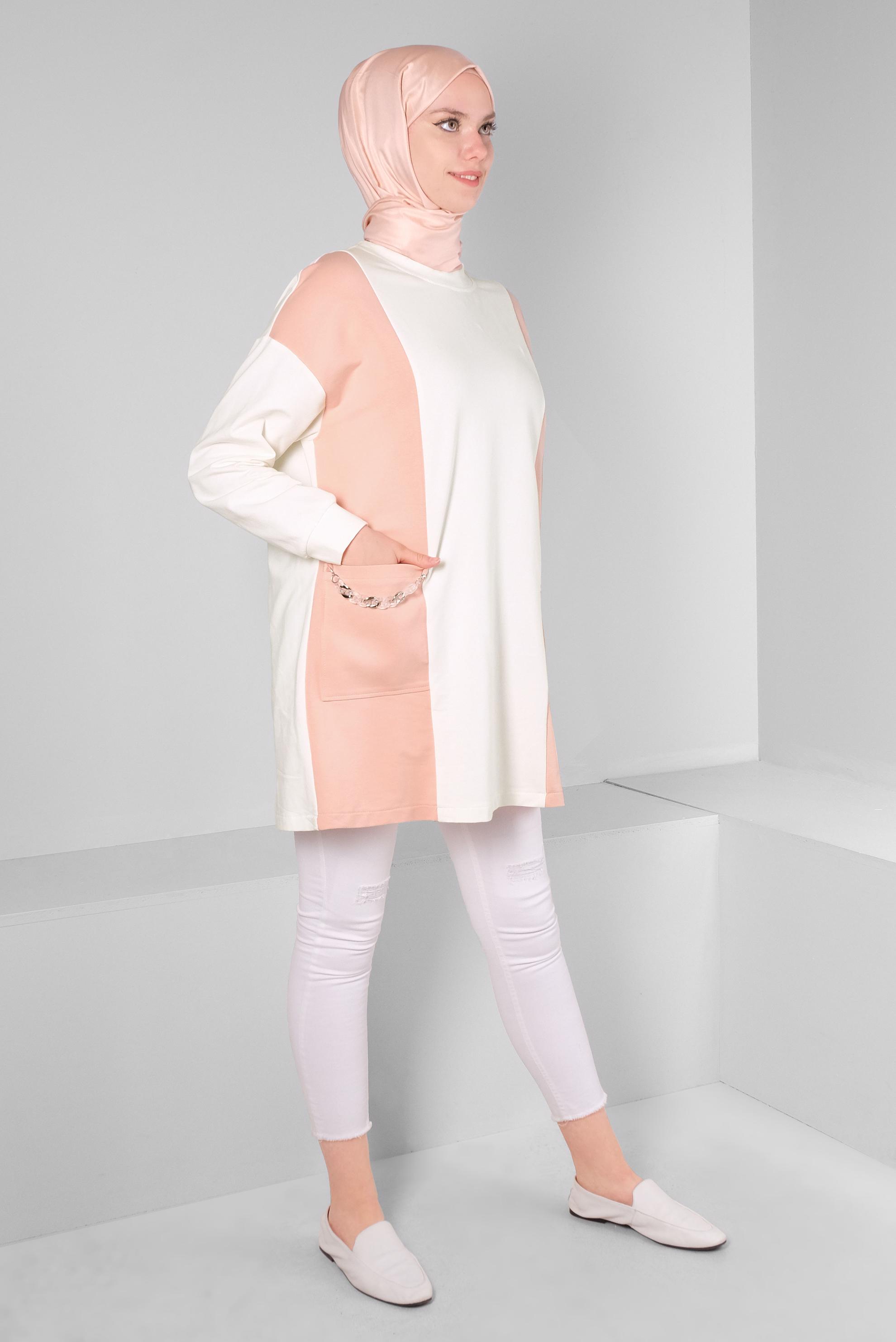 Tesettür giyim PUDRA RENK BLOKLU ZİNCİR DETAYLI EŞOFMAN TUNİK 43561