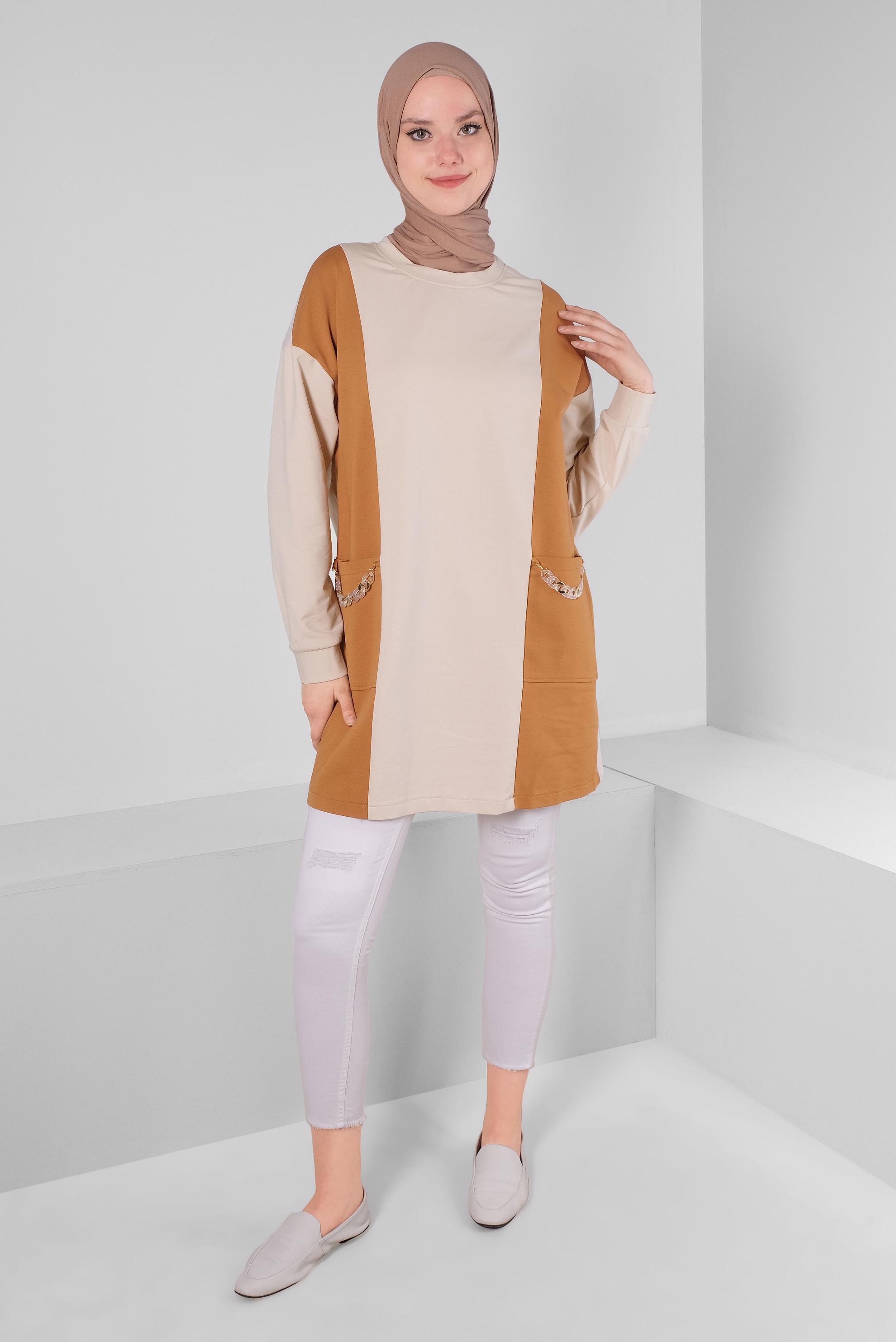 Tesettür giyim SARI RENK BLOKLU ZİNCİR DETAYLI EŞOFMAN TUNİK 43561