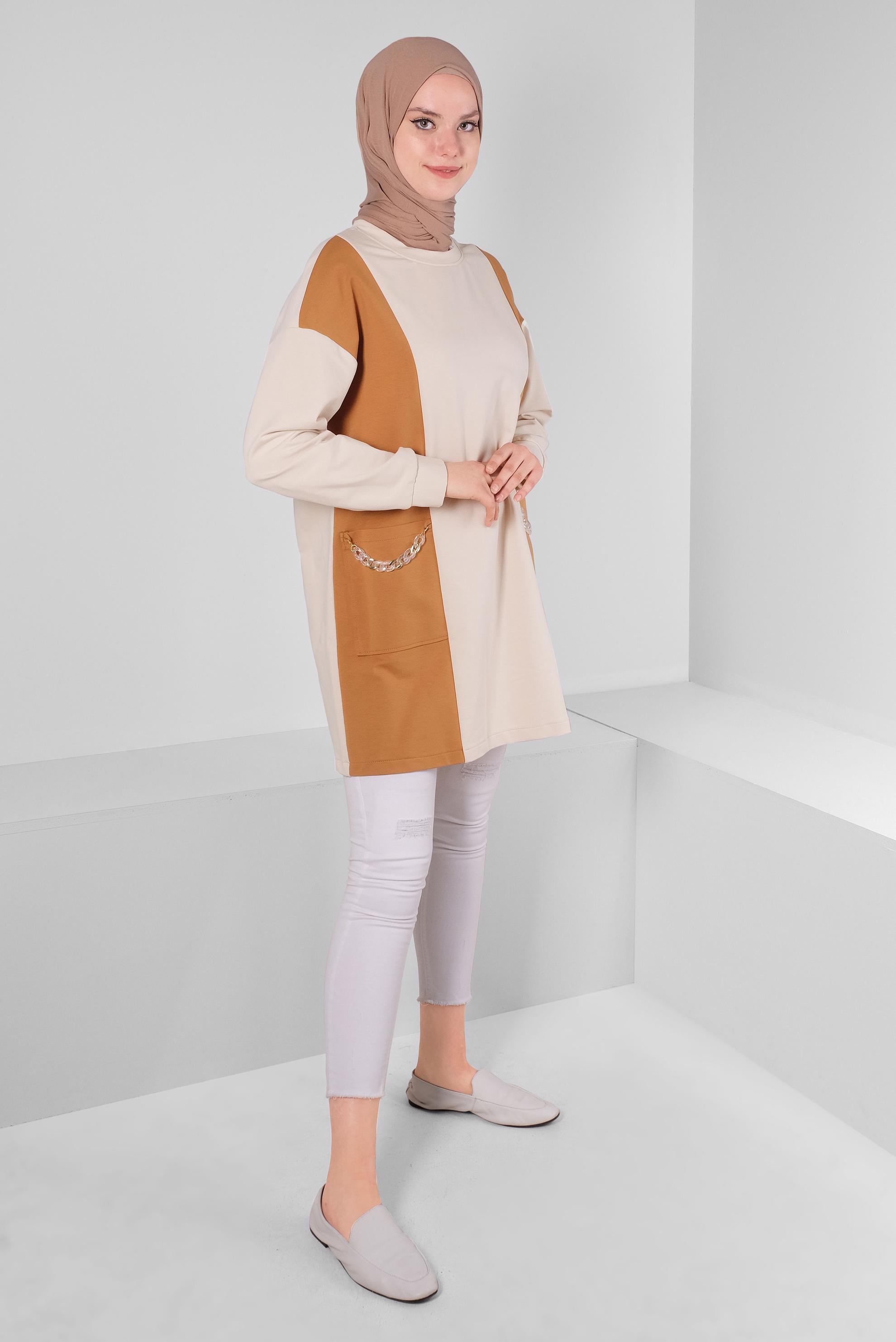 Tesettür giyim SARI RENK BLOKLU ZİNCİR DETAYLI EŞOFMAN TUNİK 43561