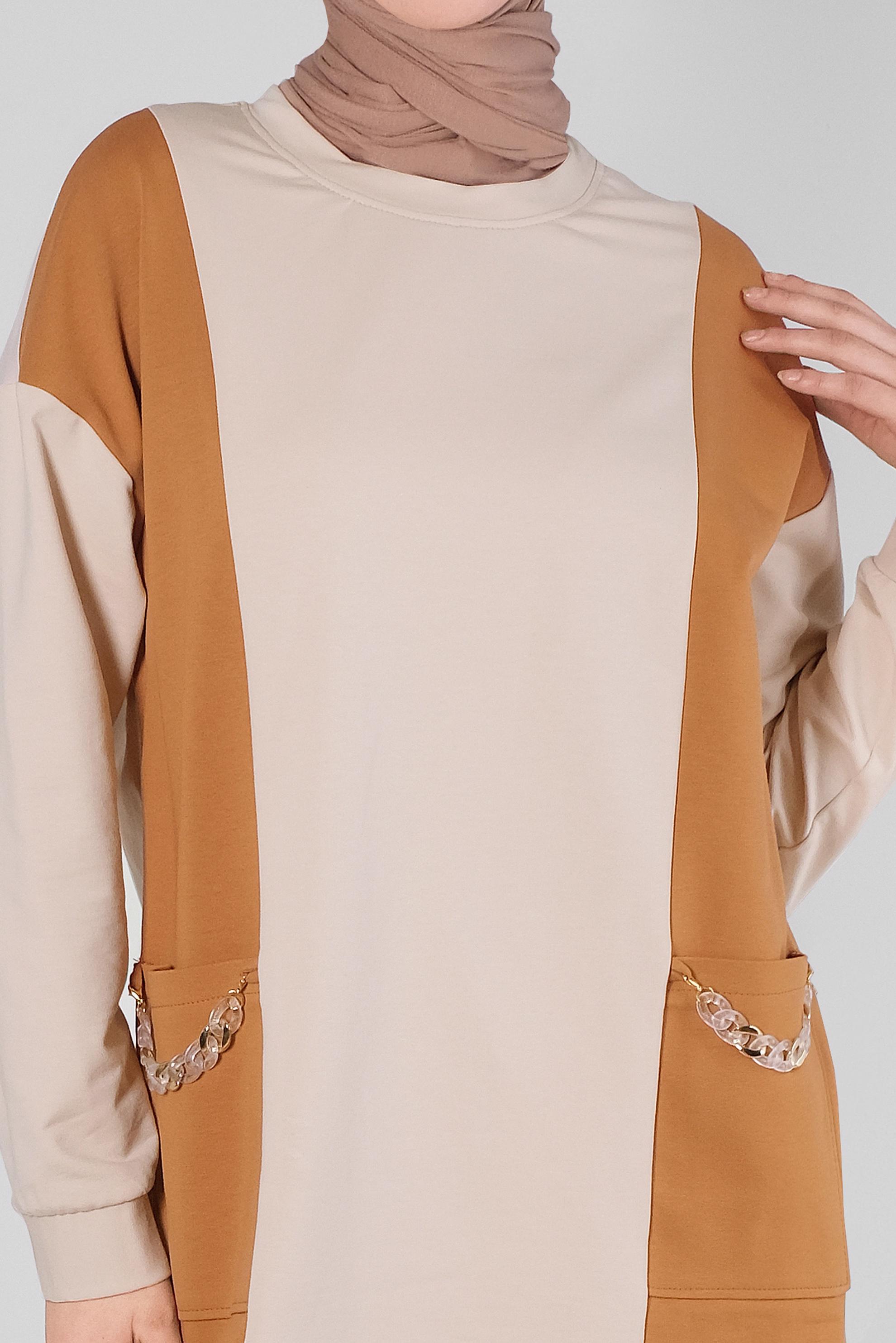 Tesettür giyim SARI RENK BLOKLU ZİNCİR DETAYLI EŞOFMAN TUNİK 43561