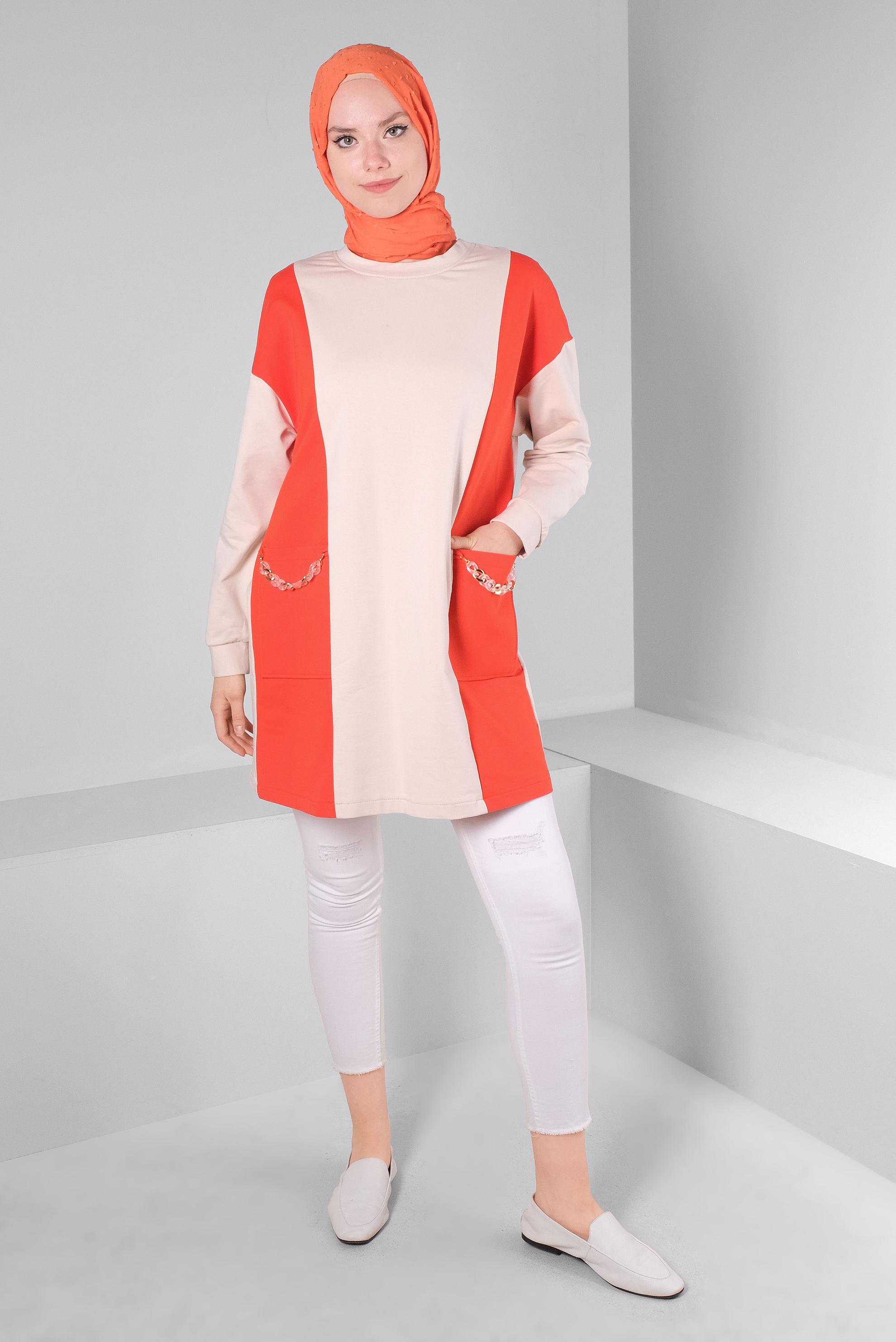 Tesettür giyim KIRMIZI RENK BLOKLU ZİNCİR DETAYLI EŞOFMAN TUNİK 43561