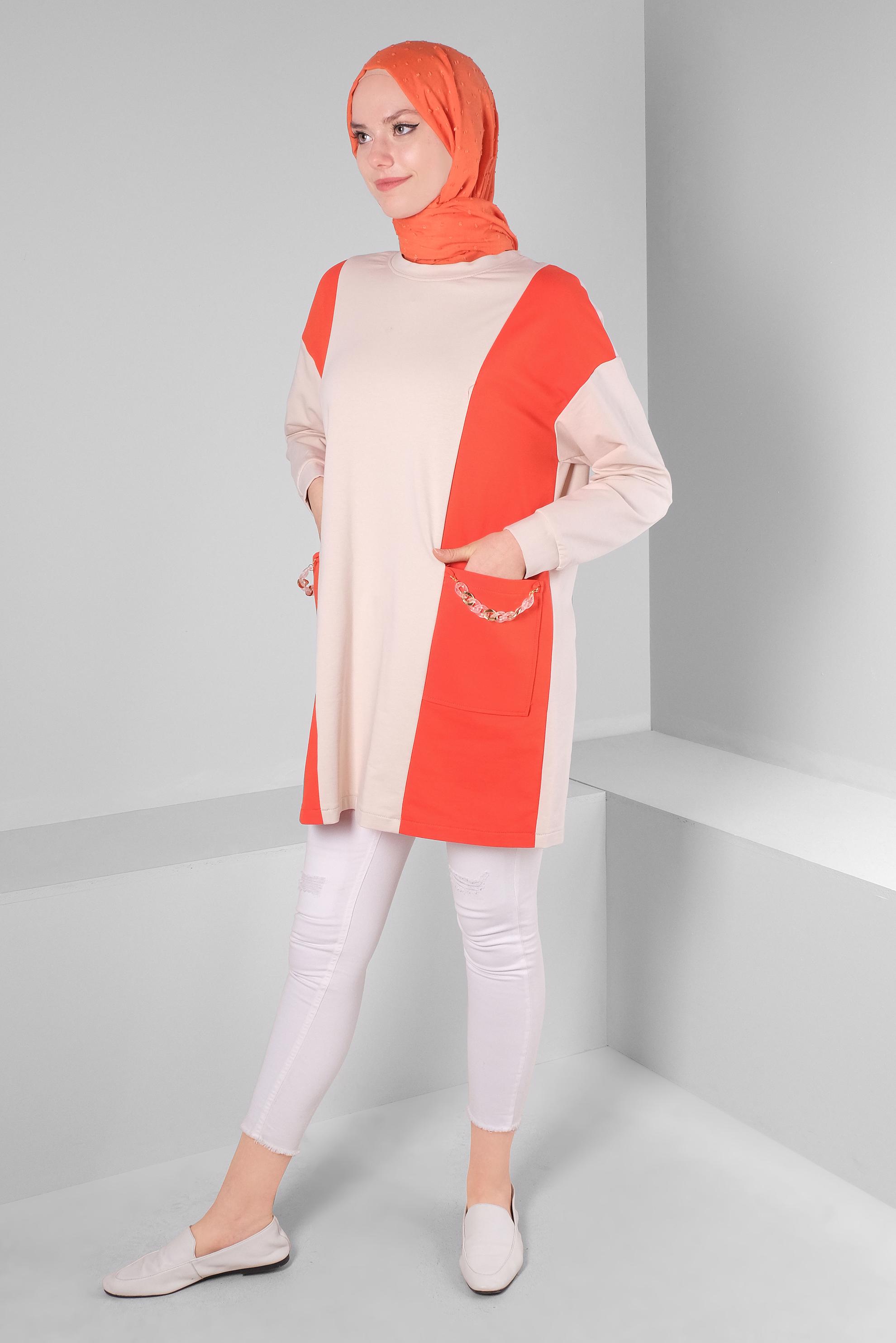 Tesettür giyim KIRMIZI RENK BLOKLU ZİNCİR DETAYLI EŞOFMAN TUNİK 43561