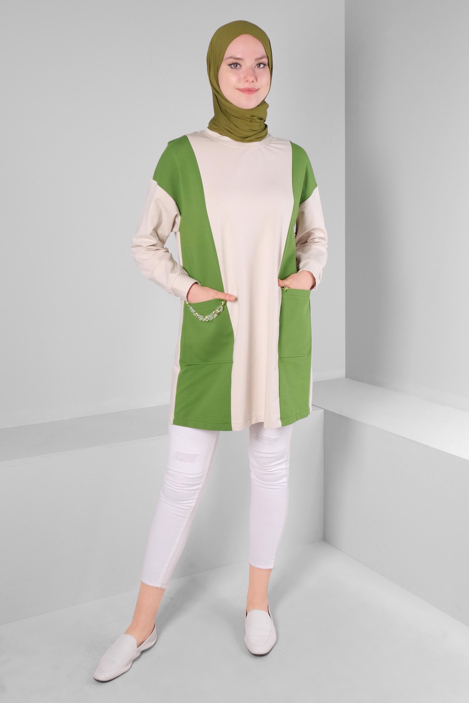 Tesettür giyim YEŞİL RENK BLOKLU ZİNCİR DETAYLI EŞOFMAN TUNİK 43561