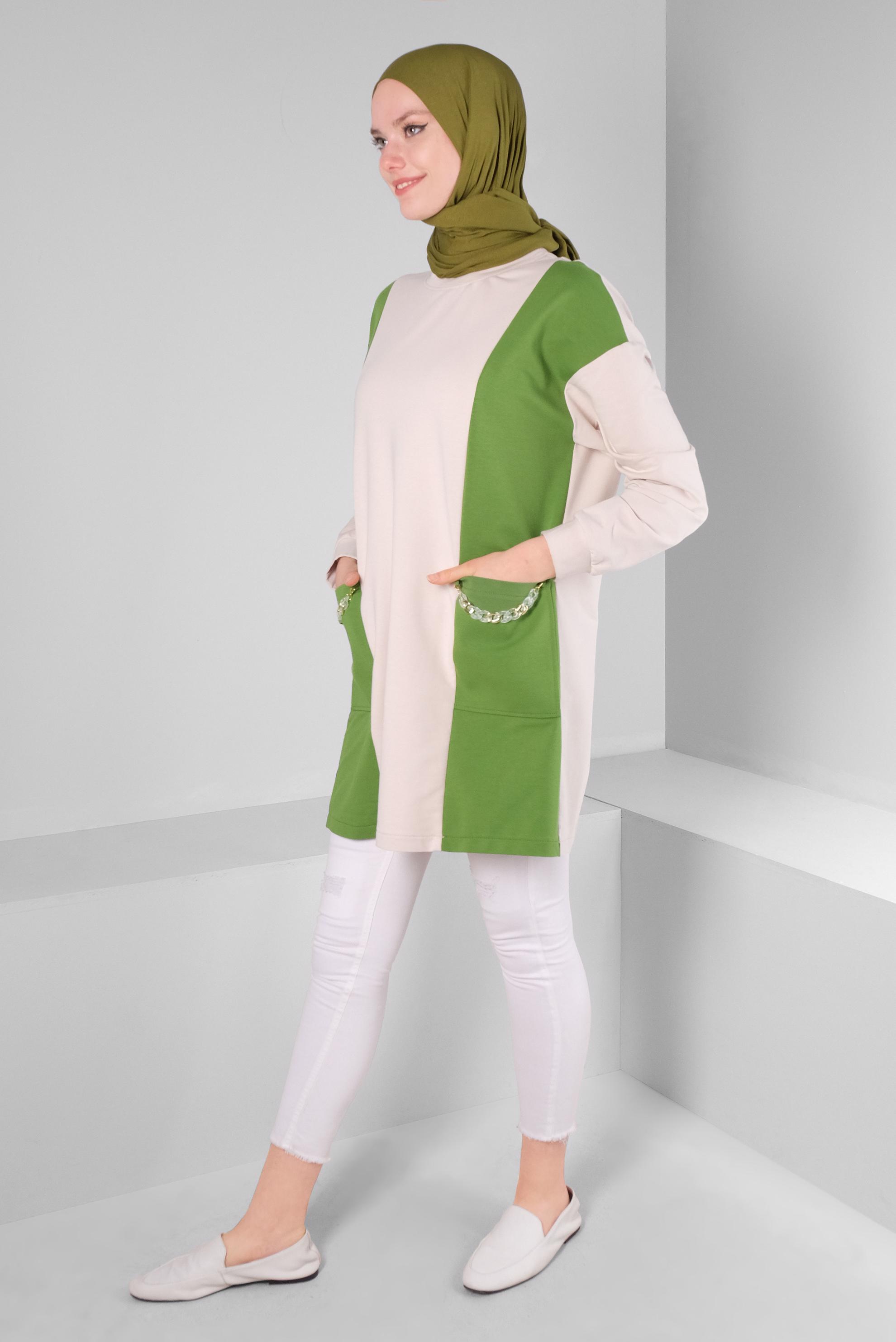 Tesettür giyim YEŞİL RENK BLOKLU ZİNCİR DETAYLI EŞOFMAN TUNİK 43561