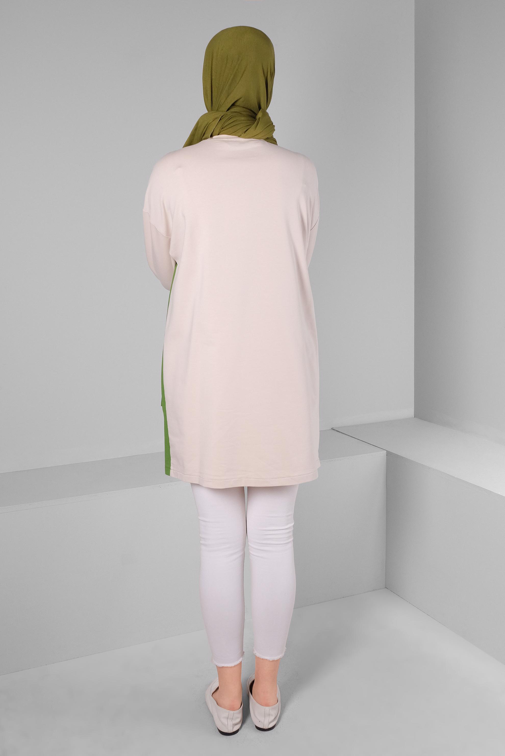 Tesettür giyim YEŞİL RENK BLOKLU ZİNCİR DETAYLI EŞOFMAN TUNİK 43561