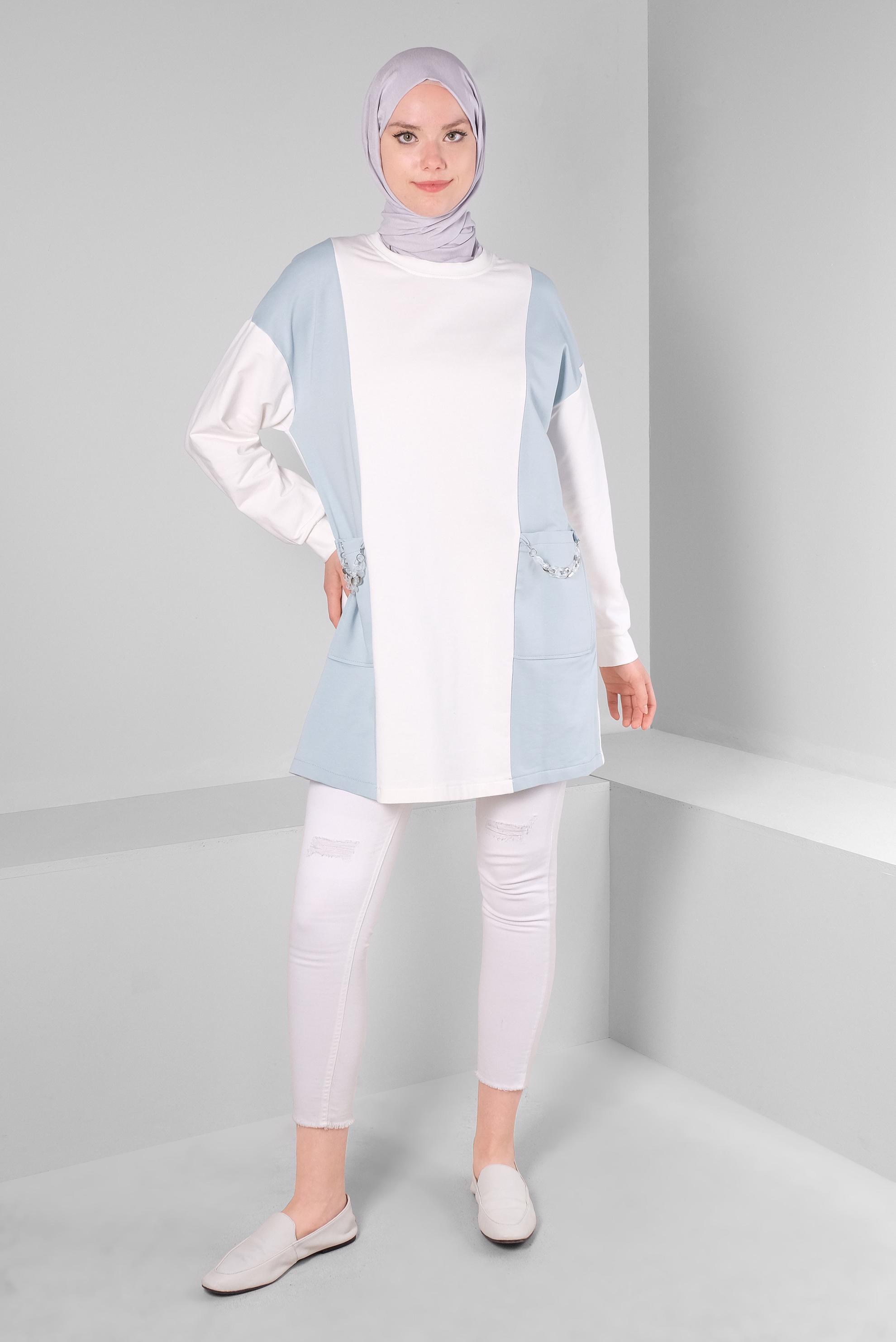 Tesettür giyim MAVİ RENK BLOKLU ZİNCİR DETAYLI EŞOFMAN TUNİK 43561