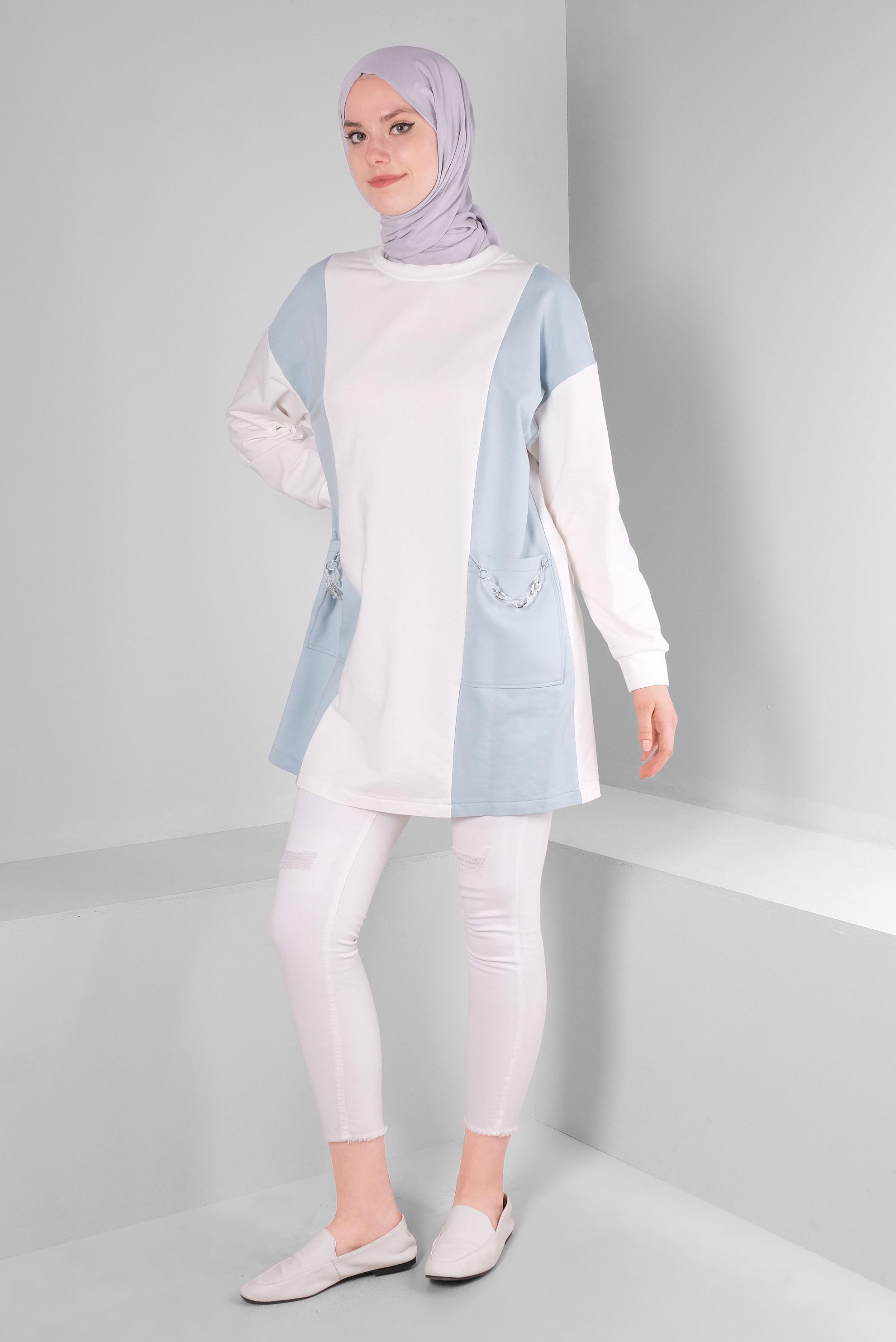 Tesettür giyim MAVİ RENK BLOKLU ZİNCİR DETAYLI EŞOFMAN TUNİK 43561