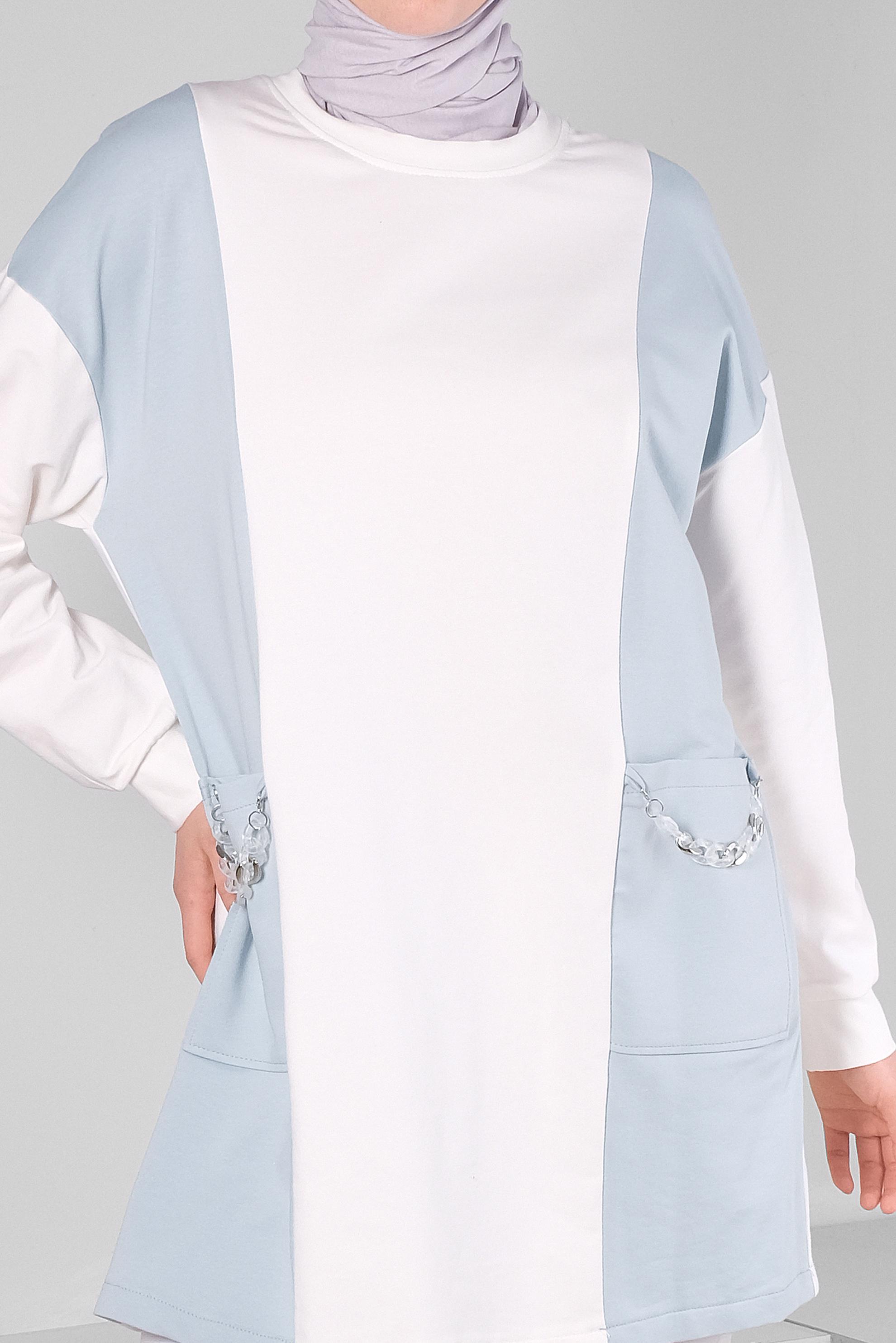 Tesettür giyim MAVİ RENK BLOKLU ZİNCİR DETAYLI EŞOFMAN TUNİK 43561