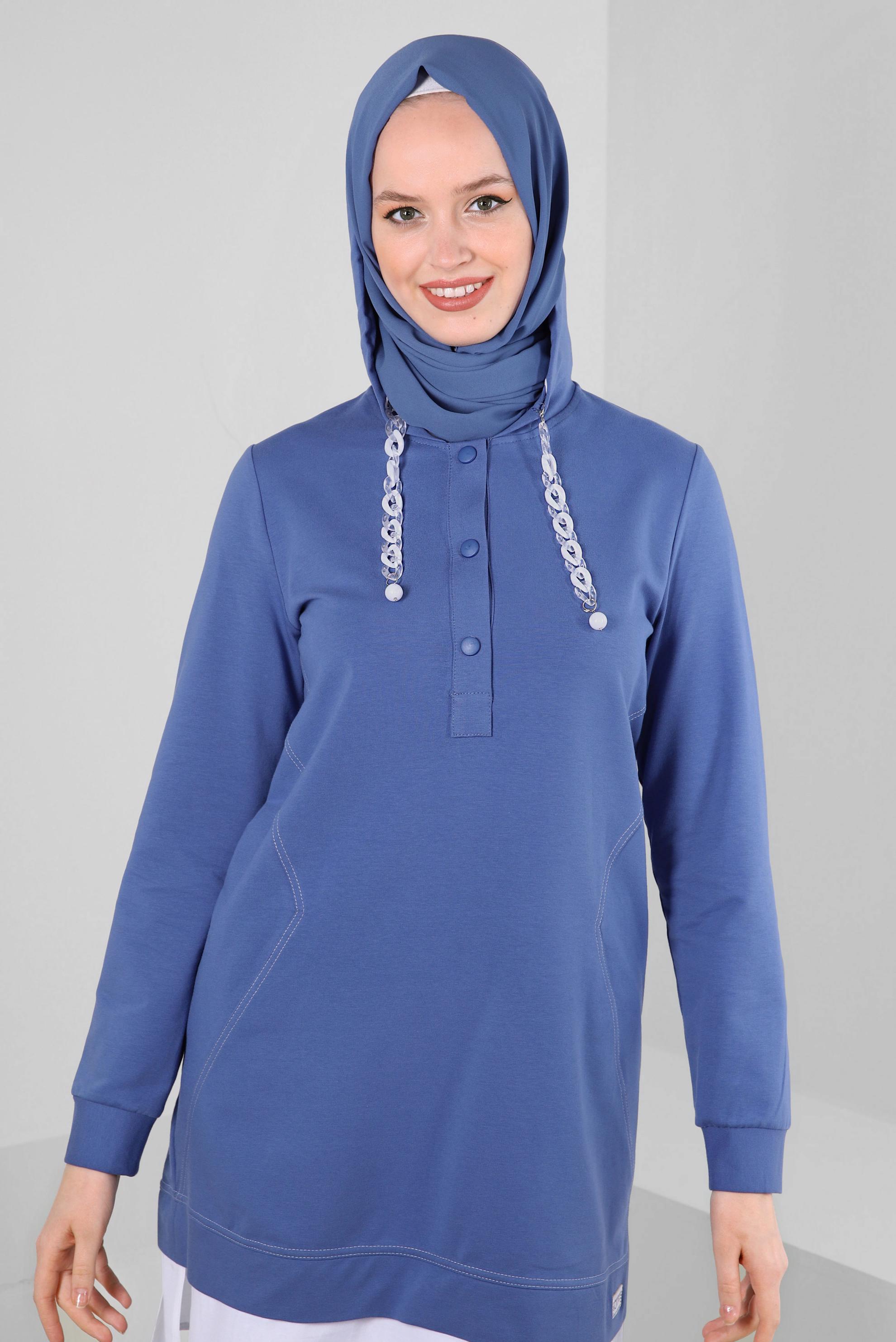 Tesettür giyim MAVİ KAPÜŞONLU ZİNCİR DETAYLI İKİLİ PANTOLONLU EŞOFMAN TAKIMI 43594