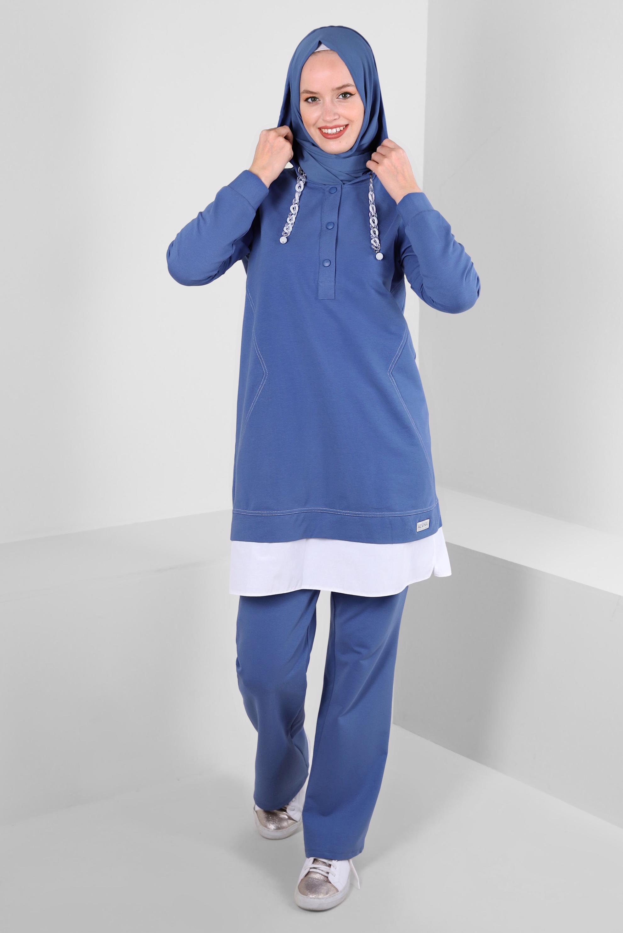 Tesettür giyim MAVİ KAPÜŞONLU ZİNCİR DETAYLI İKİLİ PANTOLONLU EŞOFMAN TAKIMI 43594