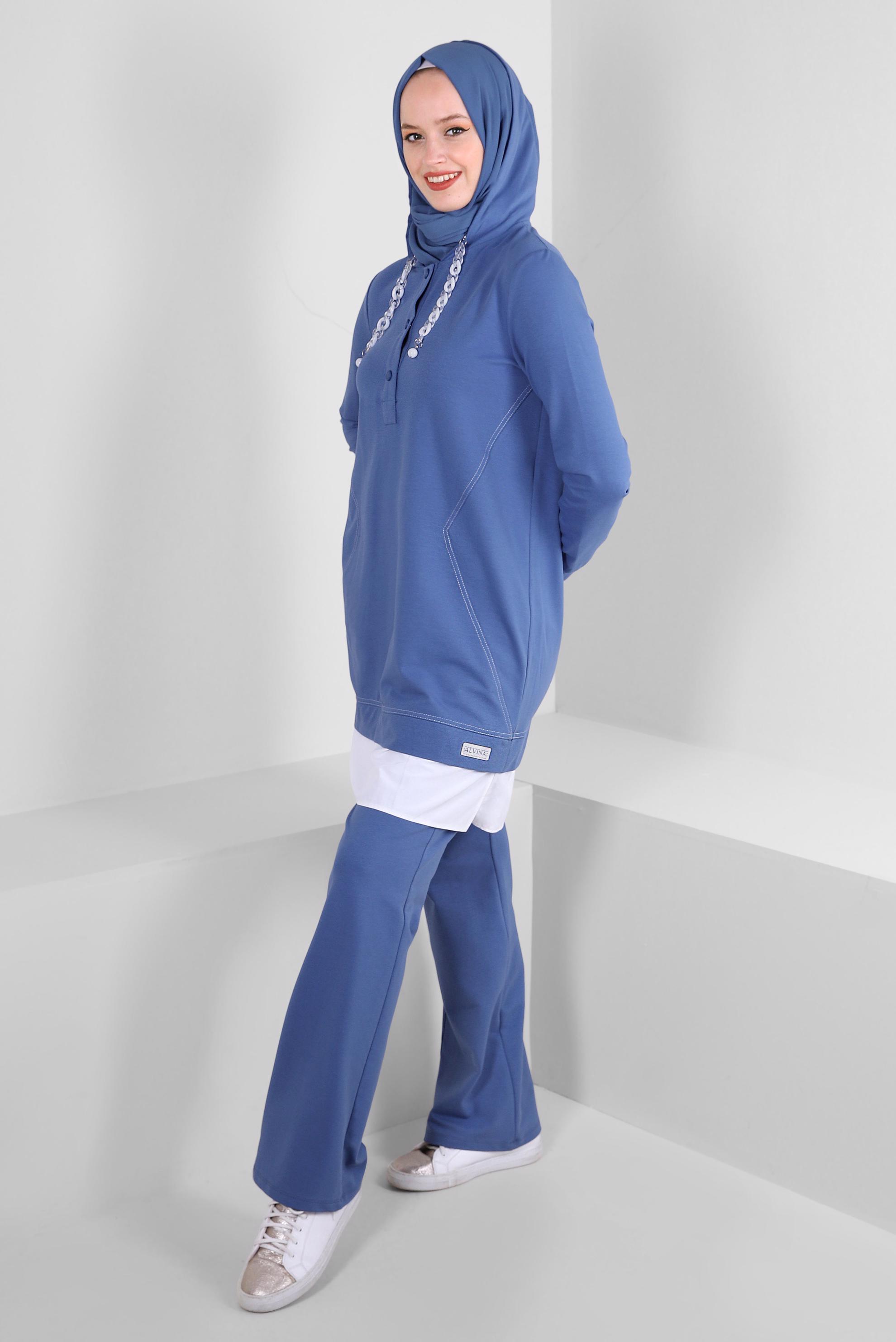 Tesettür giyim MAVİ KAPÜŞONLU ZİNCİR DETAYLI İKİLİ PANTOLONLU EŞOFMAN TAKIMI 43594