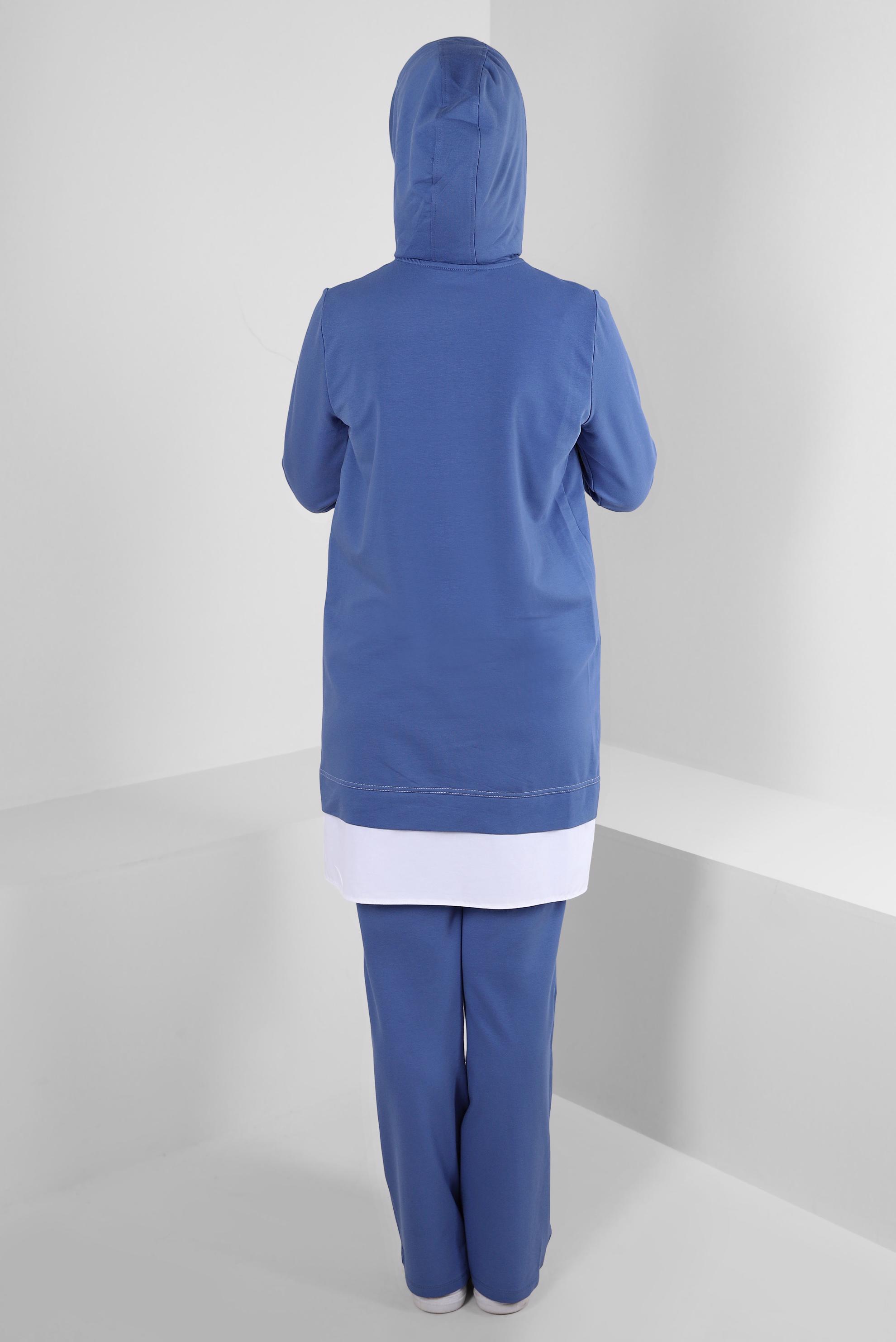 Tesettür giyim MAVİ KAPÜŞONLU ZİNCİR DETAYLI İKİLİ PANTOLONLU EŞOFMAN TAKIMI 43594