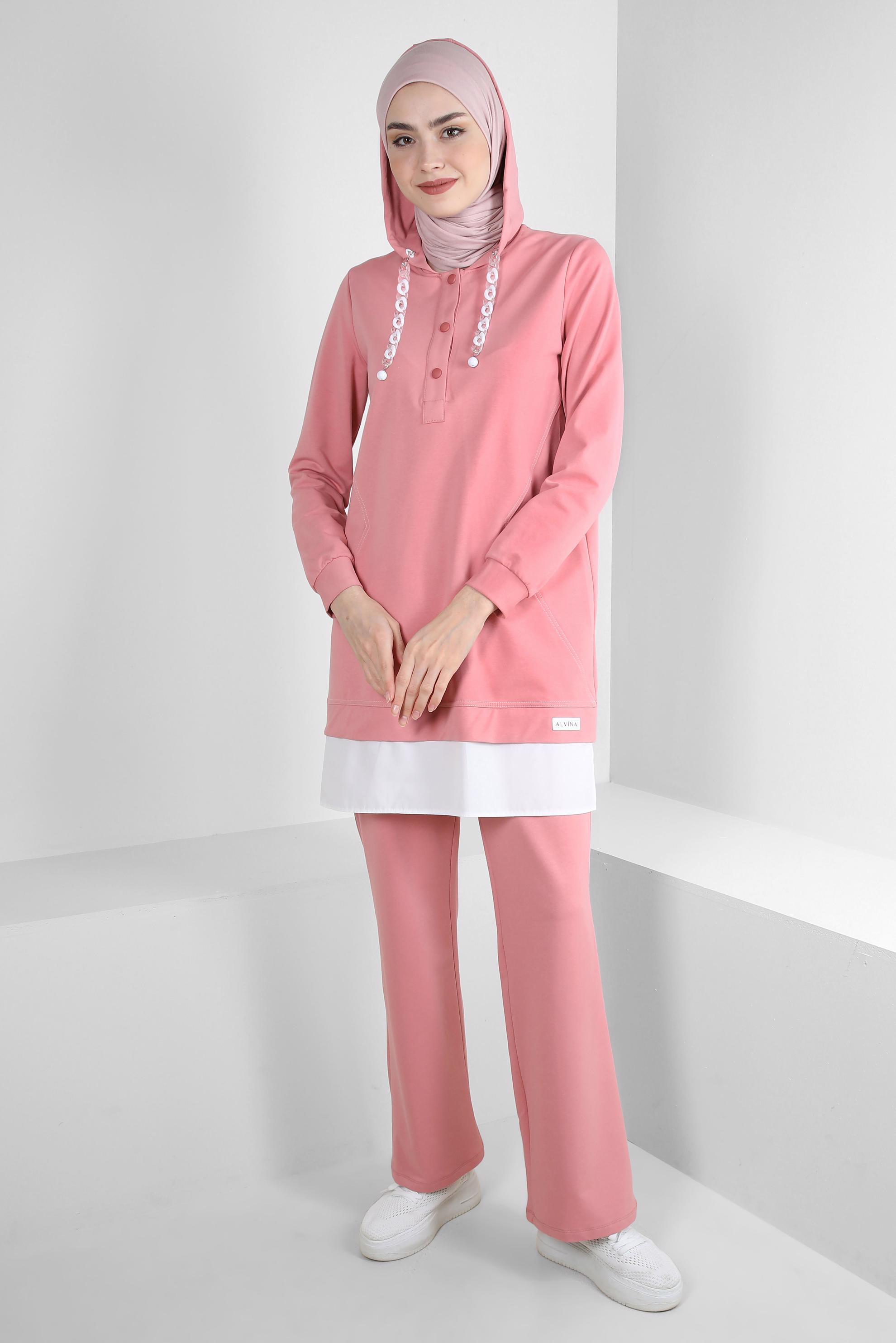 Tesettür giyim PEMBE KAPÜŞONLU ZİNCİR DETAYLI İKİLİ PANTOLONLU EŞOFMAN TAKIMI 43594