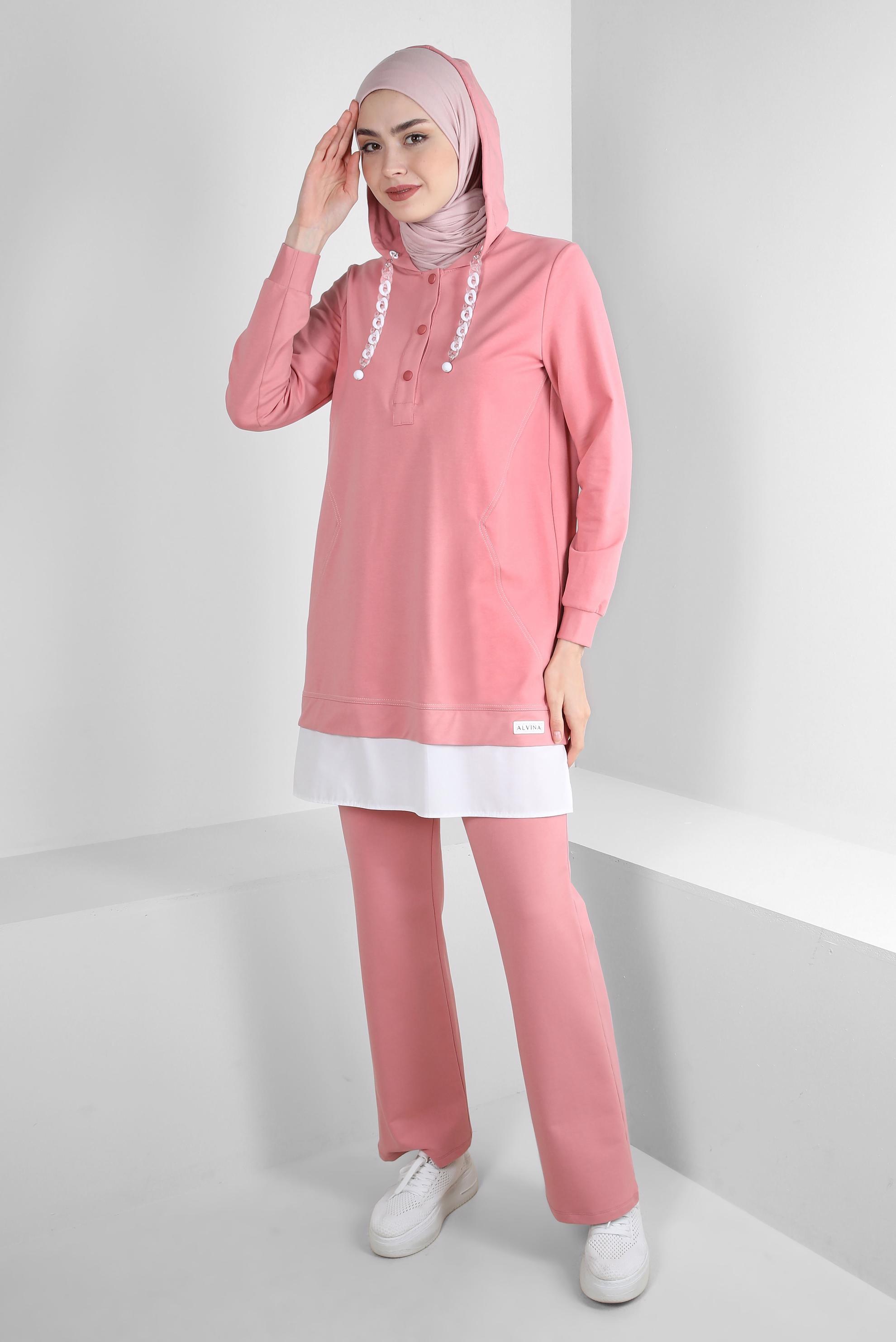 Tesettür giyim PEMBE KAPÜŞONLU ZİNCİR DETAYLI İKİLİ PANTOLONLU EŞOFMAN TAKIMI 43594