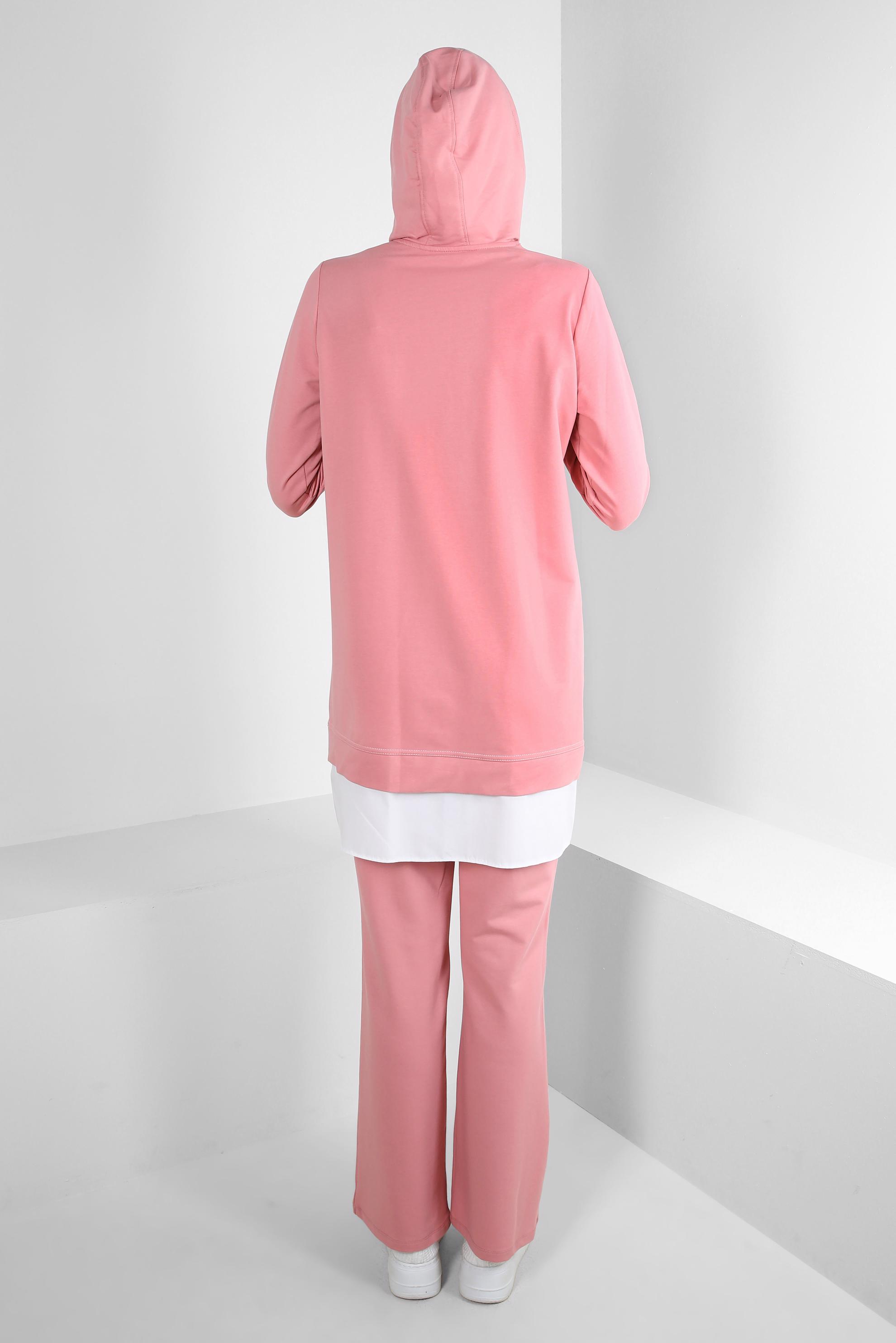 Tesettür giyim PEMBE KAPÜŞONLU ZİNCİR DETAYLI İKİLİ PANTOLONLU EŞOFMAN TAKIMI 43594
