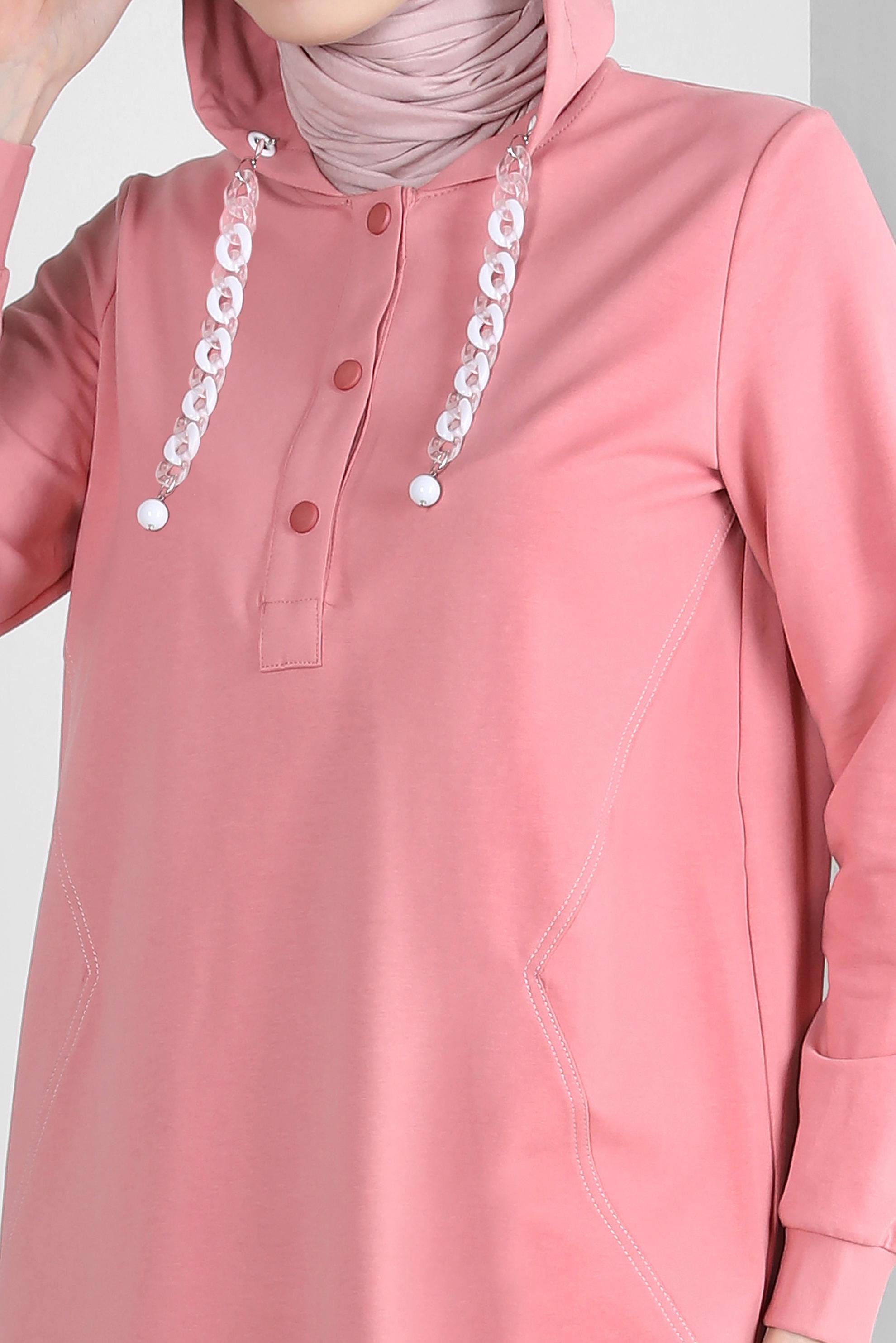 Tesettür giyim PEMBE KAPÜŞONLU ZİNCİR DETAYLI İKİLİ PANTOLONLU EŞOFMAN TAKIMI 43594