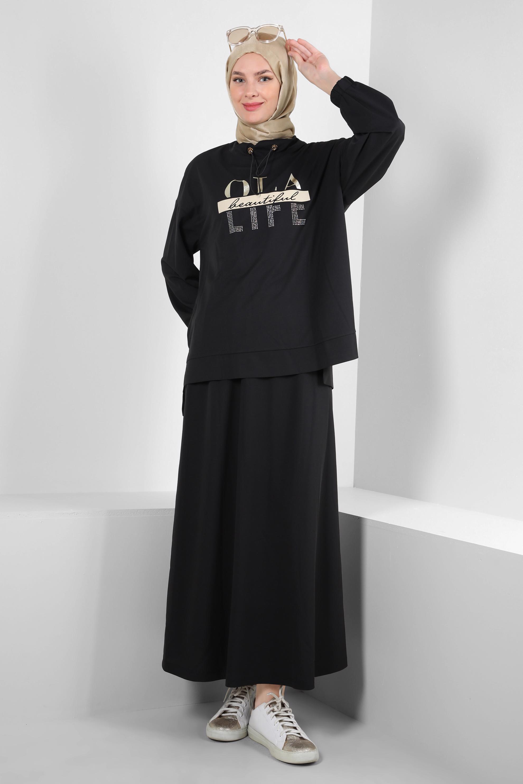 Vêtements hijab NOIR SURVÊTEMENT IMPRIMÉ ET BRODÉ DE GEMMES AVEC JUPE 43595