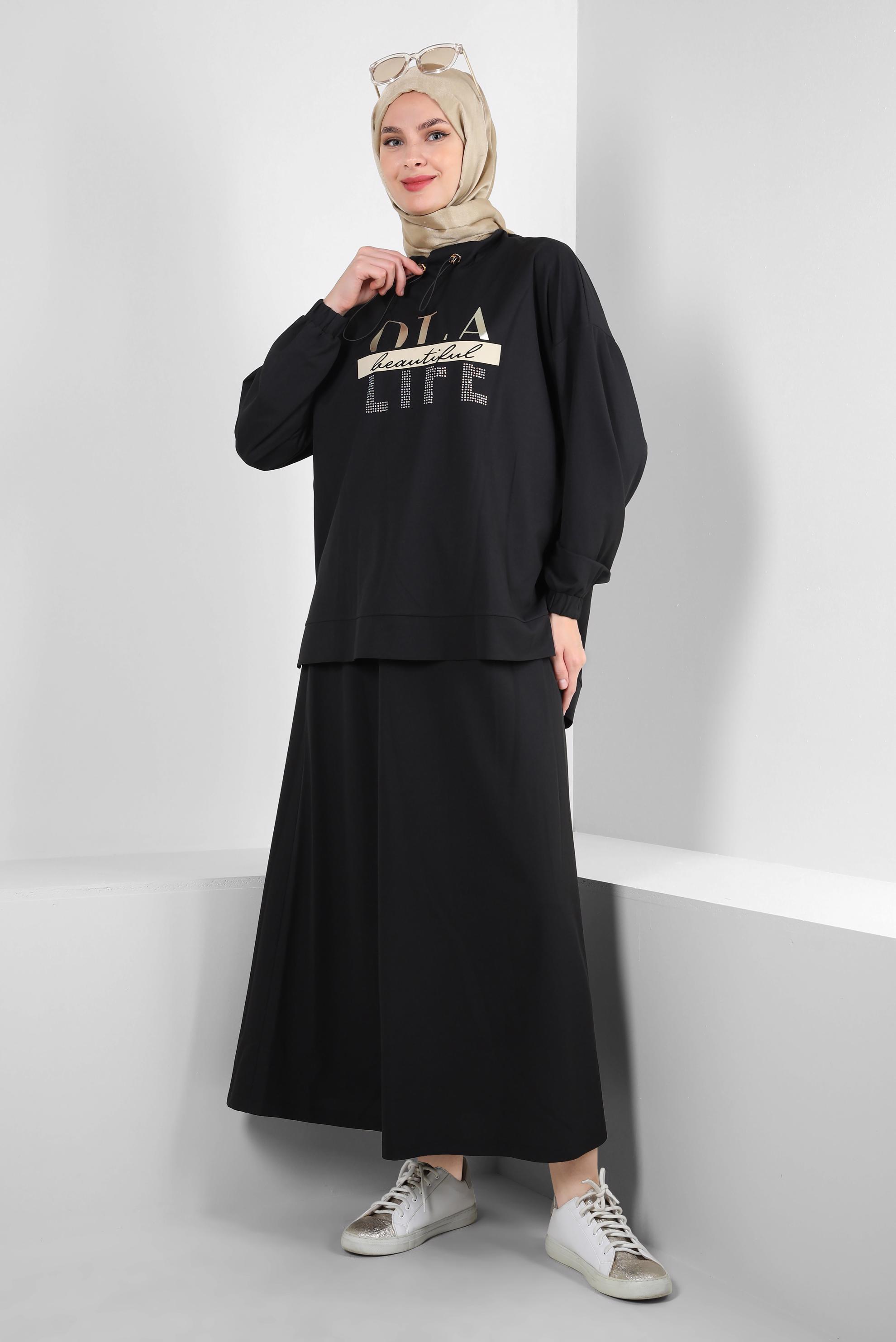 Vêtements hijab NOIR SURVÊTEMENT IMPRIMÉ ET BRODÉ DE GEMMES AVEC JUPE 43595