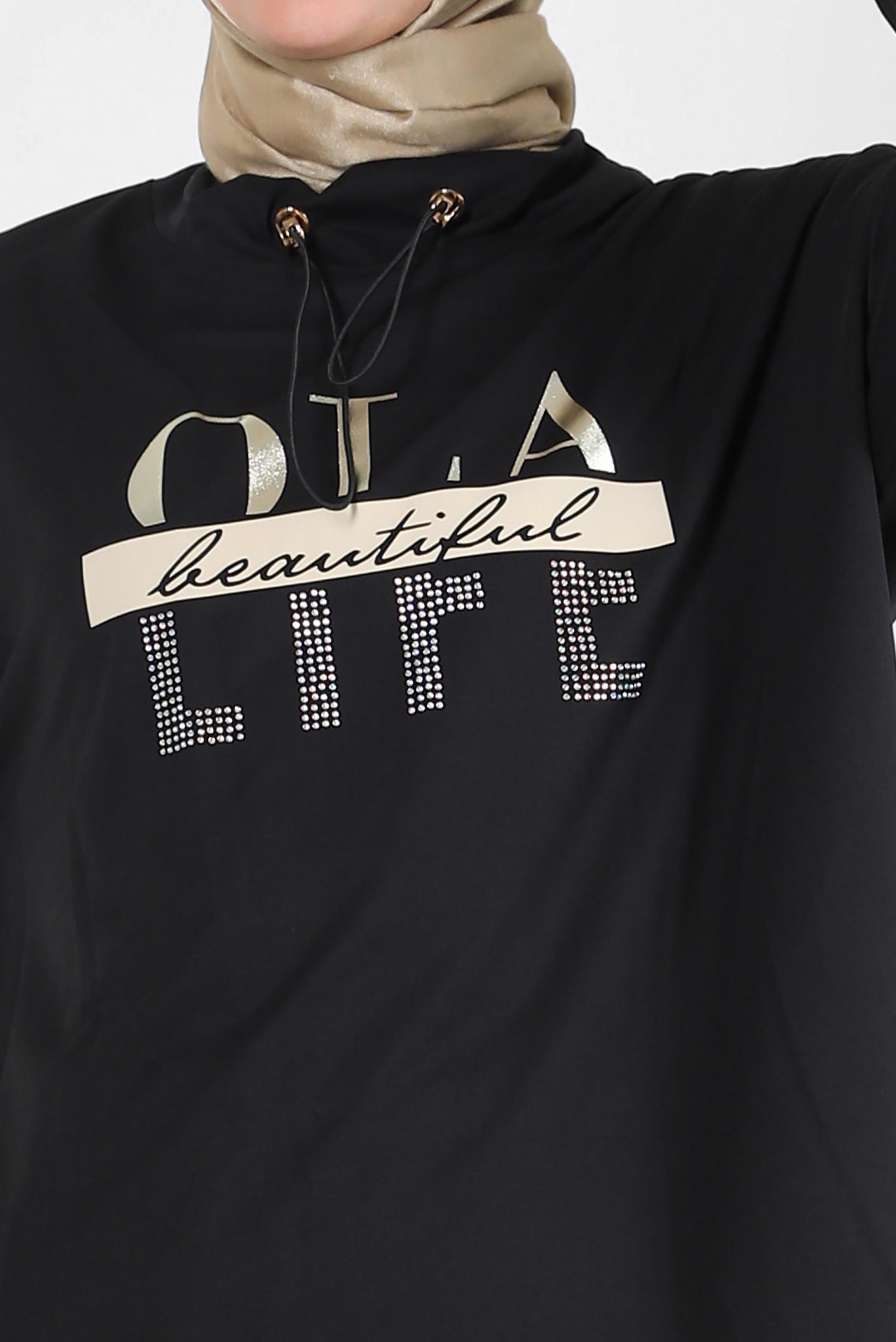 Vêtements hijab NOIR SURVÊTEMENT IMPRIMÉ ET BRODÉ DE GEMMES AVEC JUPE 43595