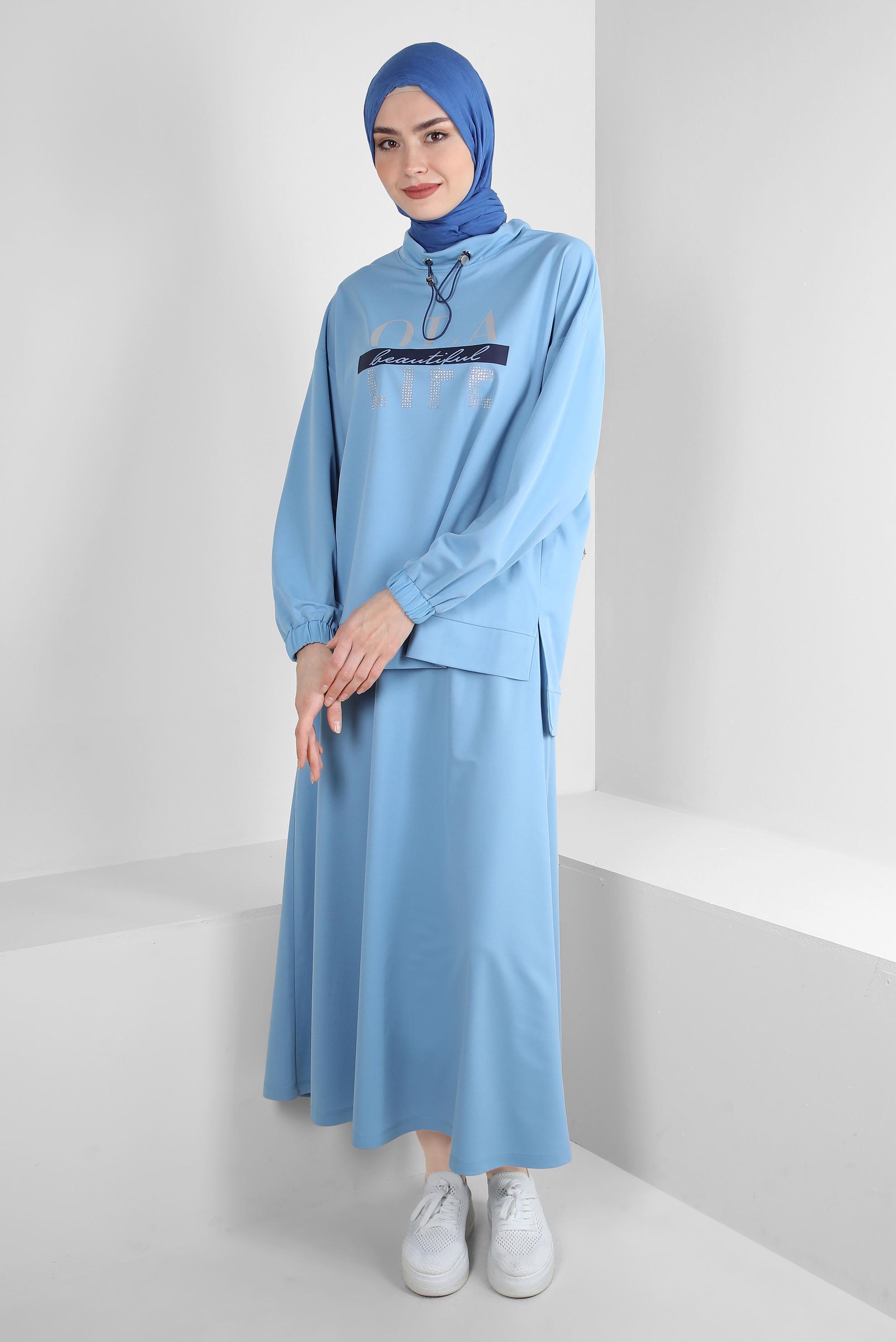 Vêtements hijab BLEU SURVÊTEMENT IMPRIMÉ ET BRODÉ DE GEMMES AVEC JUPE 43595