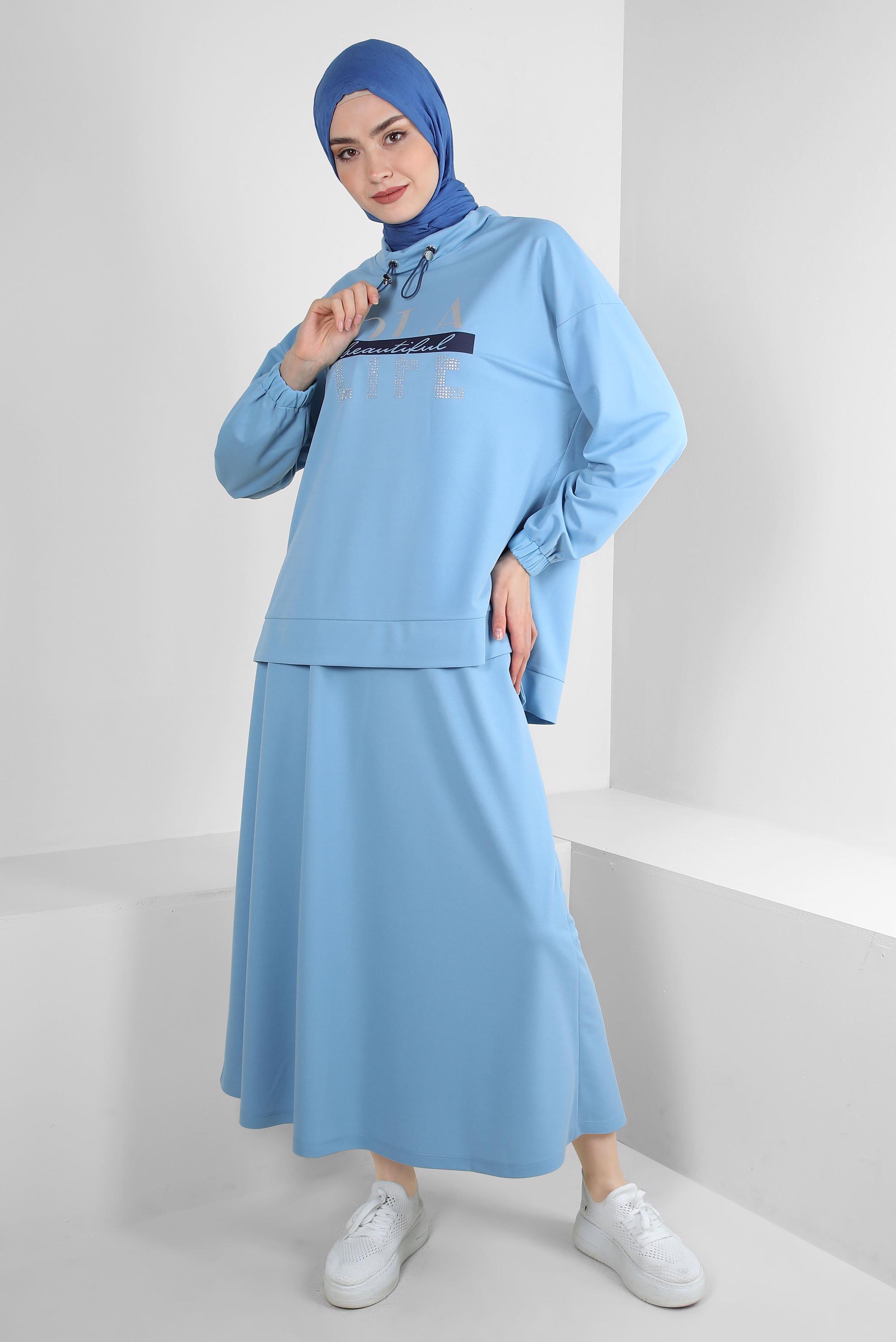 Vêtements hijab BLEU SURVÊTEMENT IMPRIMÉ ET BRODÉ DE GEMMES AVEC JUPE 43595
