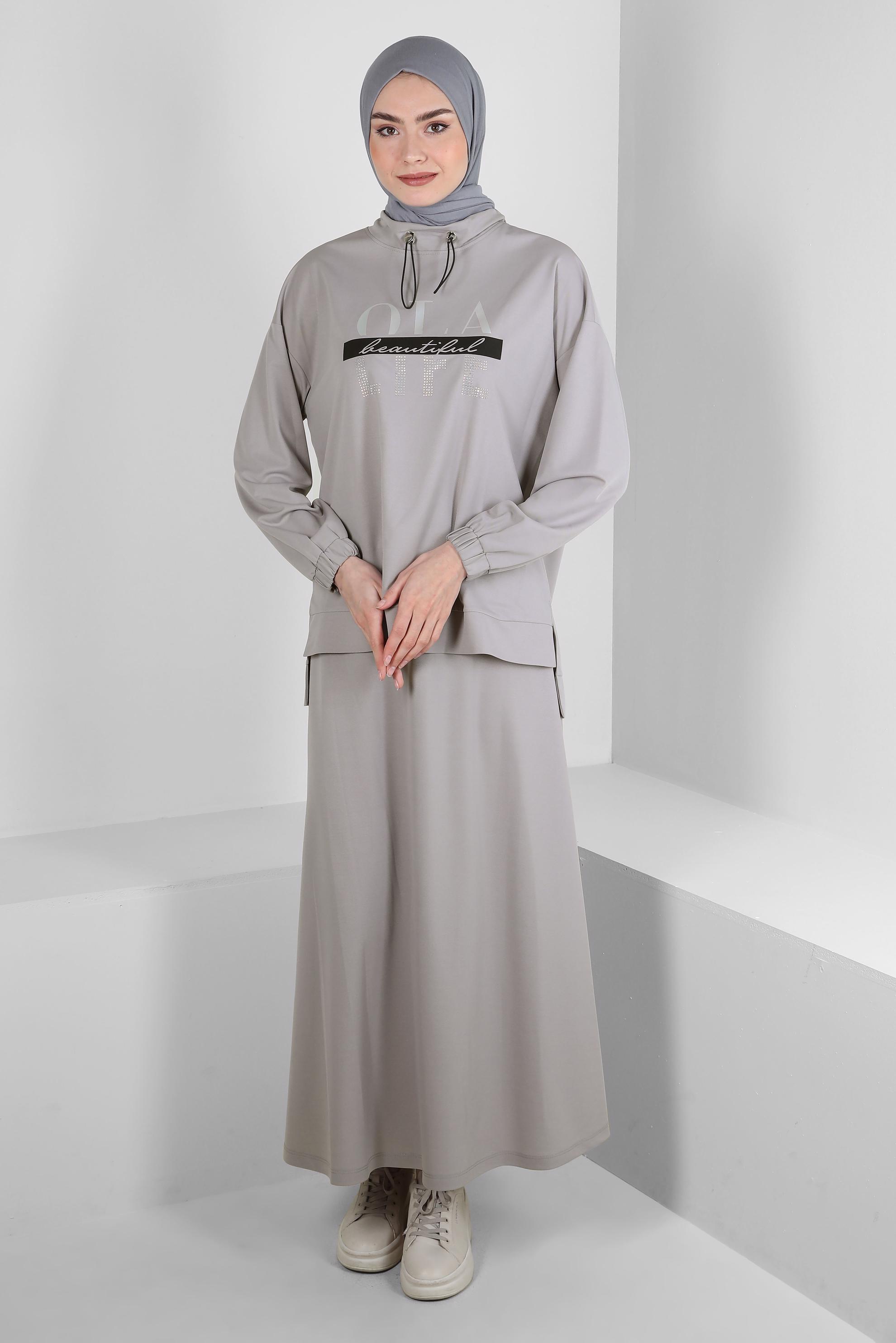 Vêtements hijab GRIS SURVÊTEMENT IMPRIMÉ ET BRODÉ DE GEMMES AVEC JUPE 43595