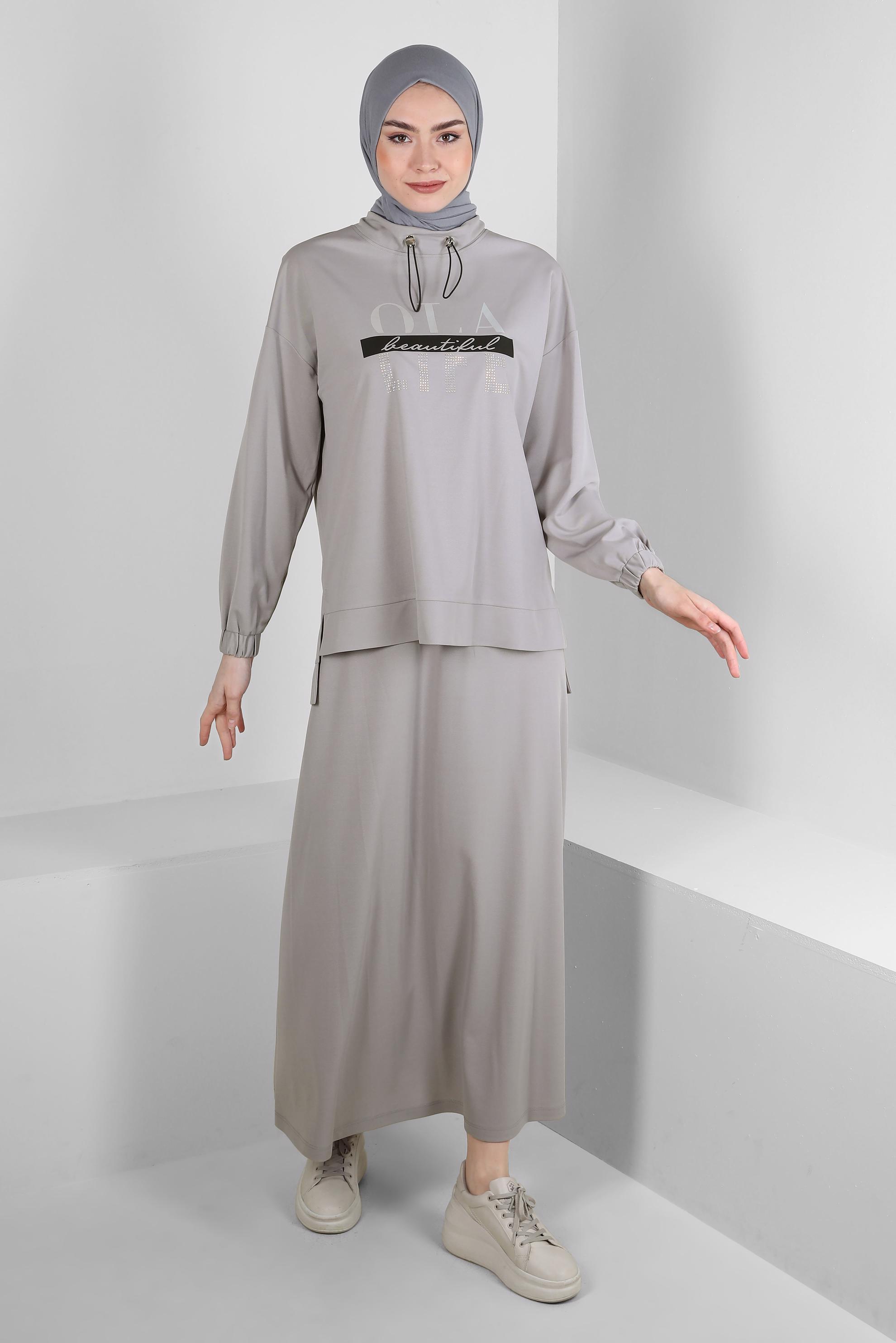 Vêtements hijab GRIS SURVÊTEMENT IMPRIMÉ ET BRODÉ DE GEMMES AVEC JUPE 43595