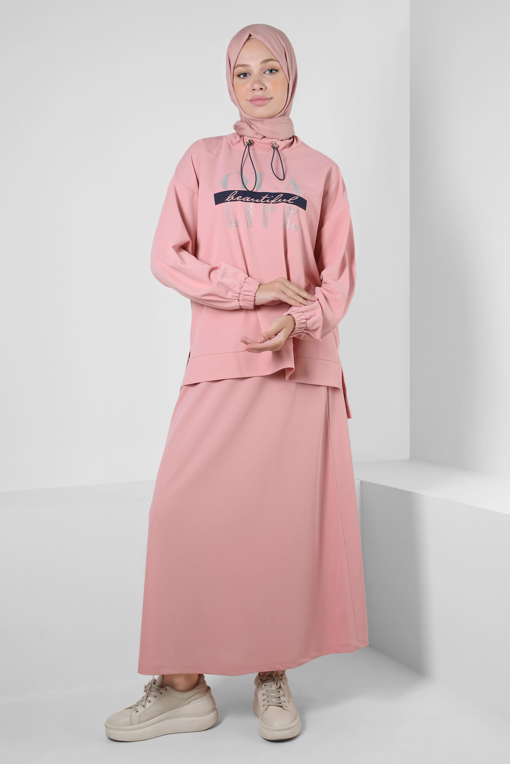 Vêtements hijab POUDRE SURVÊTEMENT IMPRIMÉ ET BRODÉ DE GEMMES AVEC JUPE 43595