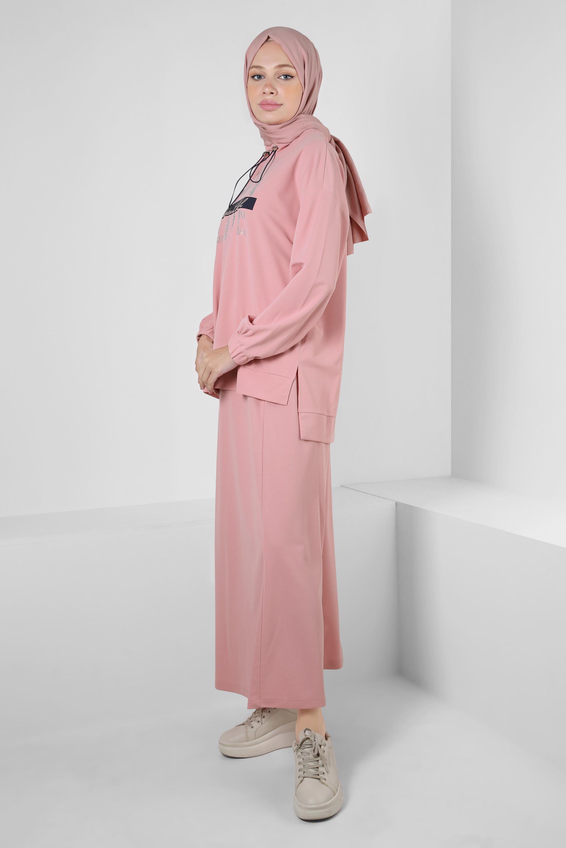 Vêtements hijab POUDRE SURVÊTEMENT IMPRIMÉ ET BRODÉ DE GEMMES AVEC JUPE 43595