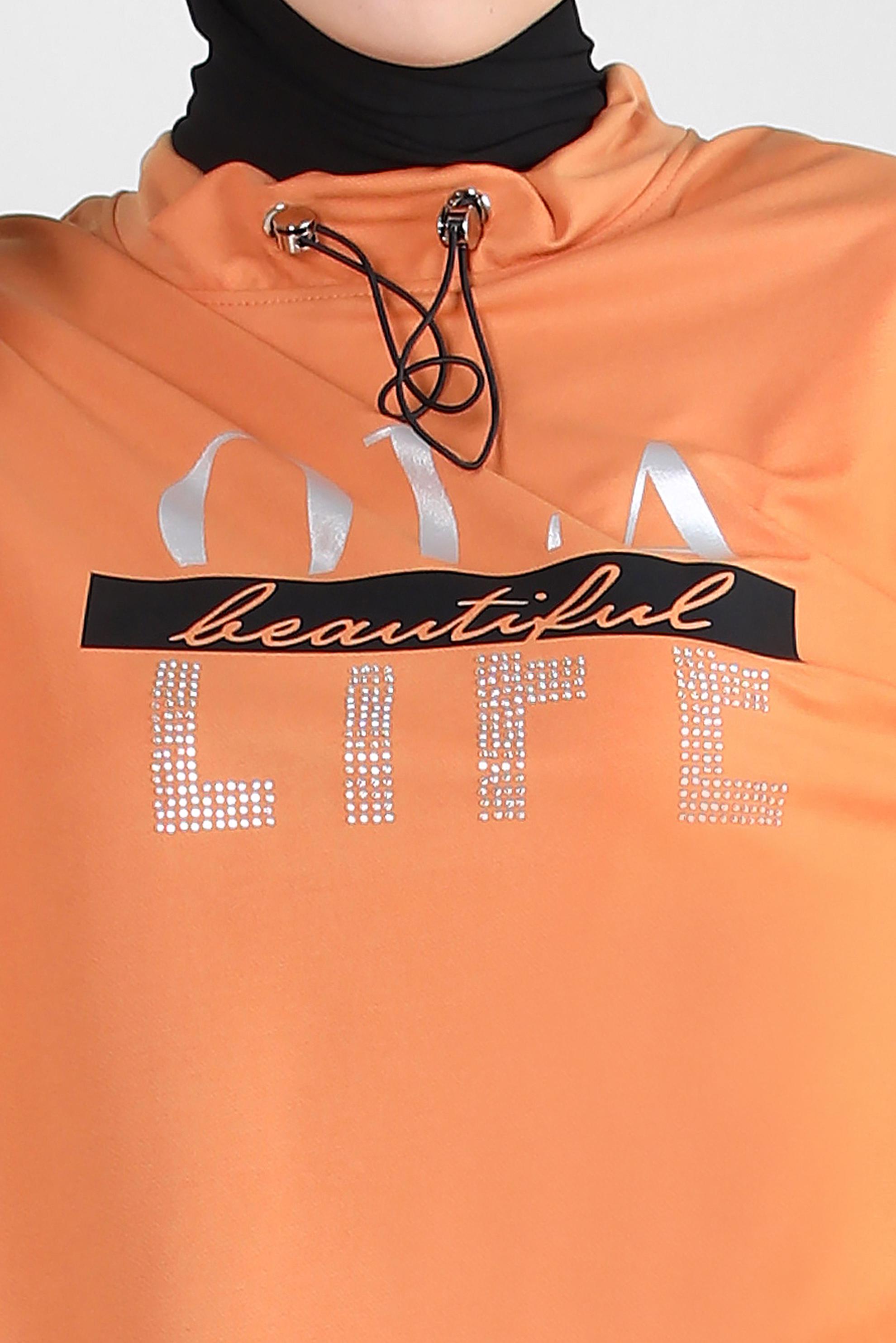 Tesettür giyim TURUNCU YAZI VE TAŞ BASKILI ETEKLİ EŞOFMAN TAKIM 43595