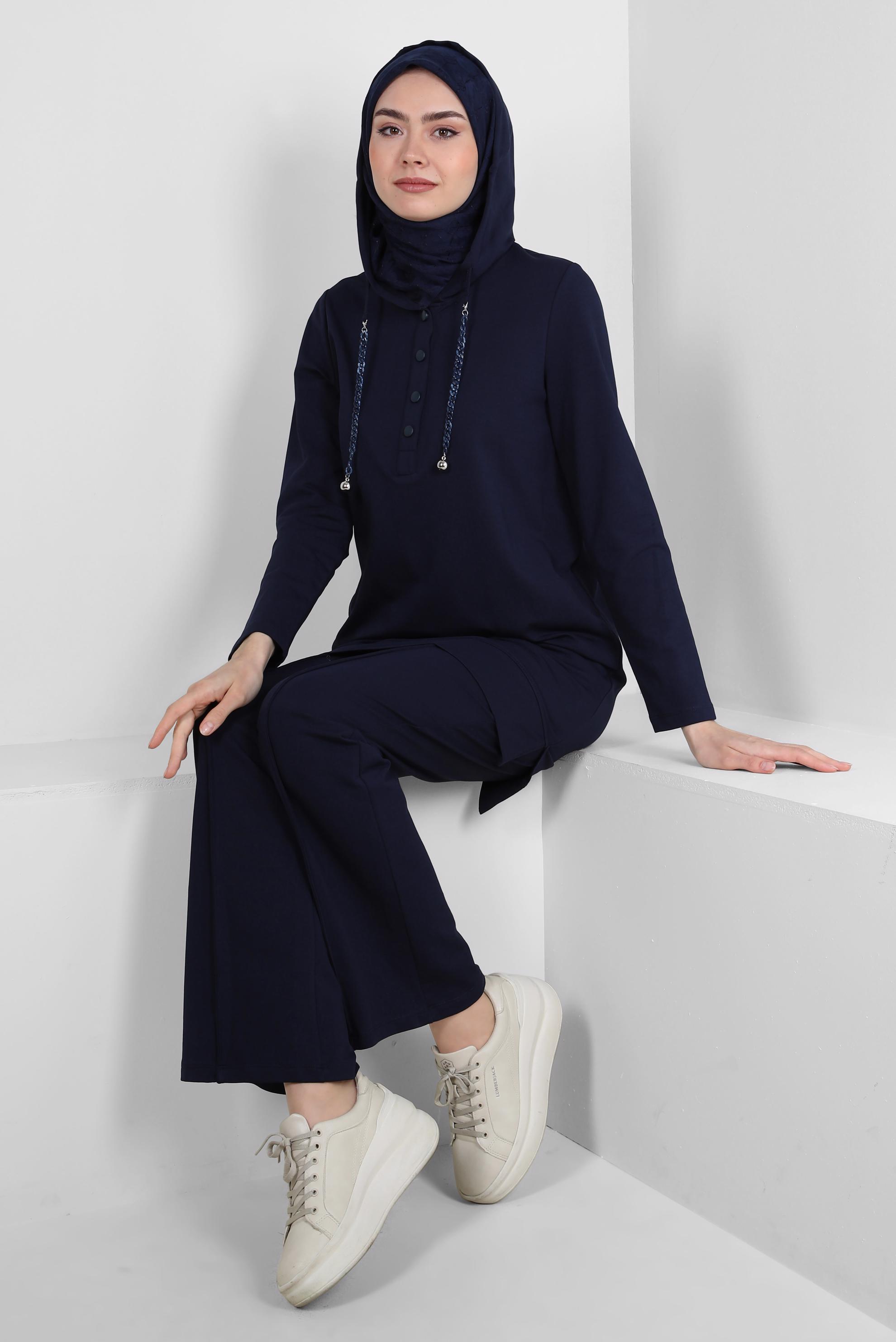 Tesettür giyim LACİVERT KAPÜŞONLU ZİNCİR DETAYLI İKİLİ EŞOFMAN TAKIMI 43596