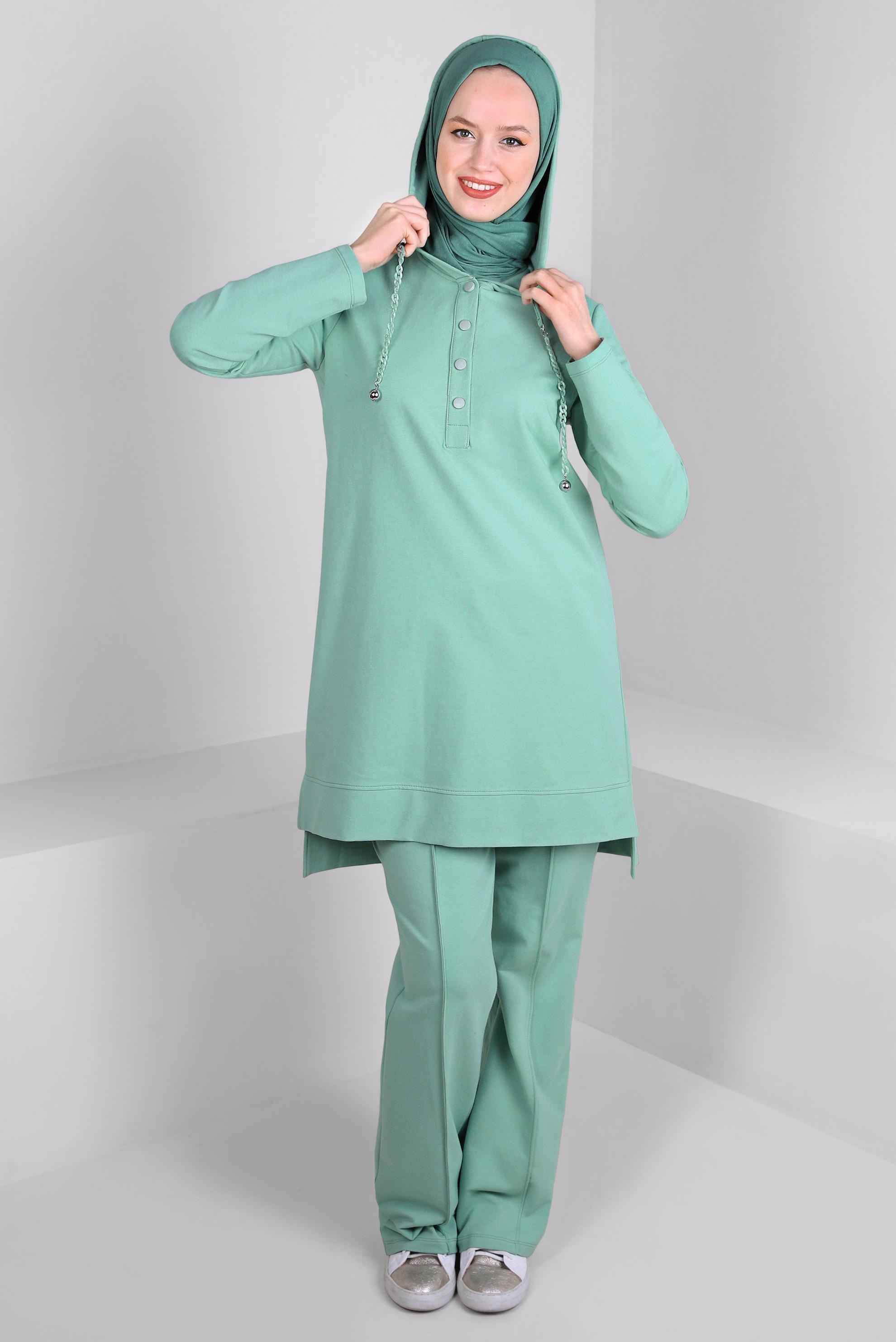 Tesettür giyim YEŞİL KAPÜŞONLU ZİNCİR DETAYLI İKİLİ EŞOFMAN TAKIMI 43596