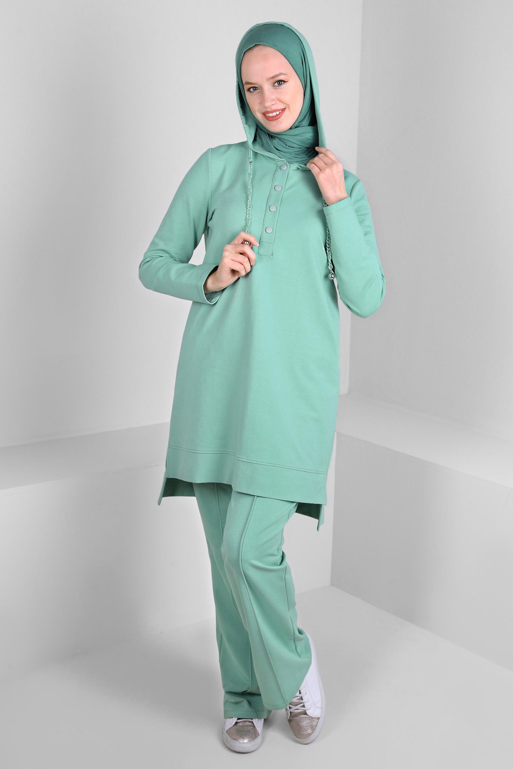 Tesettür giyim YEŞİL KAPÜŞONLU ZİNCİR DETAYLI İKİLİ EŞOFMAN TAKIMI 43596