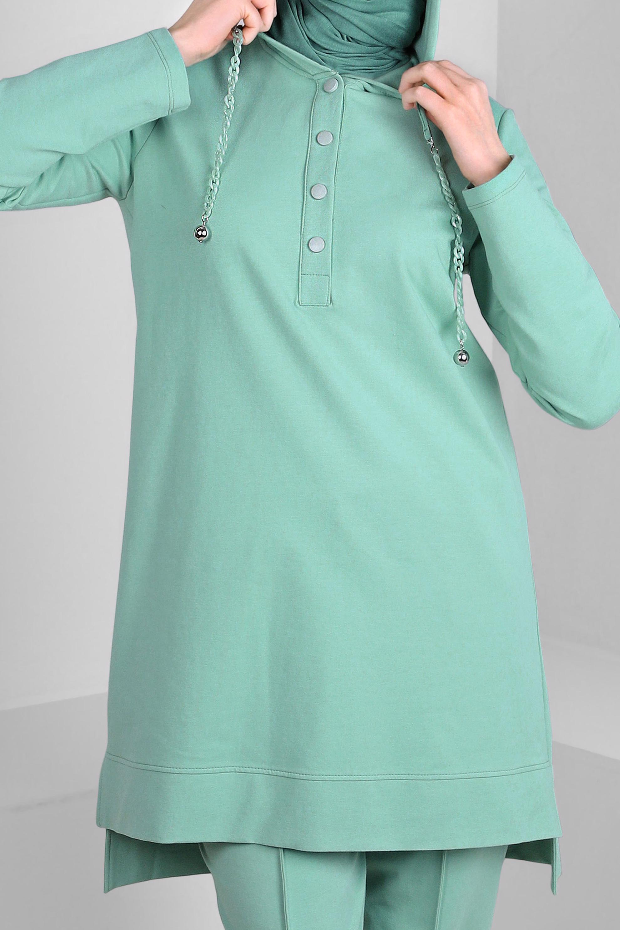 Tesettür giyim YEŞİL KAPÜŞONLU ZİNCİR DETAYLI İKİLİ EŞOFMAN TAKIMI 43596