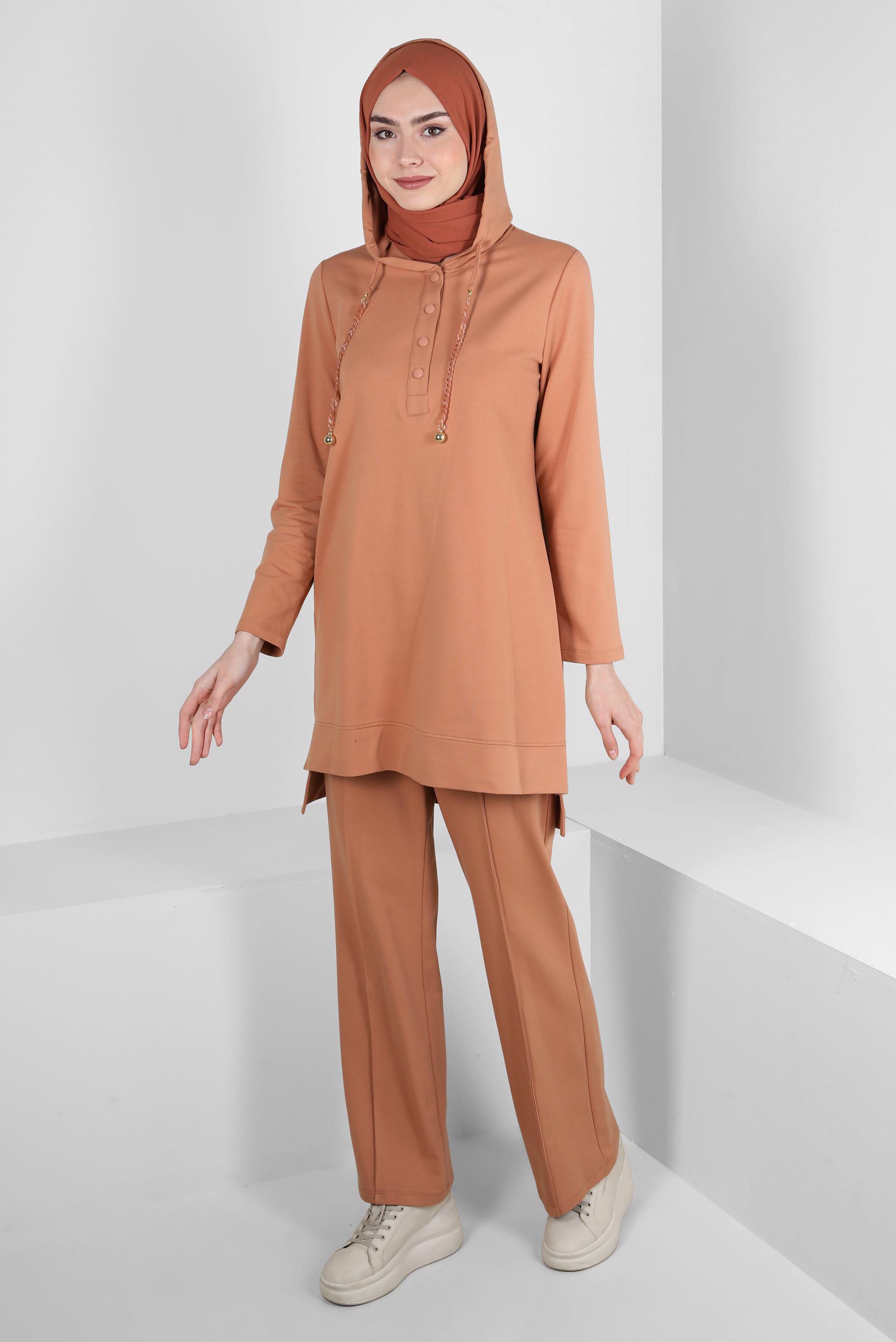 Tesettür giyim PEMBE KAPÜŞONLU ZİNCİR DETAYLI İKİLİ EŞOFMAN TAKIMI 43596