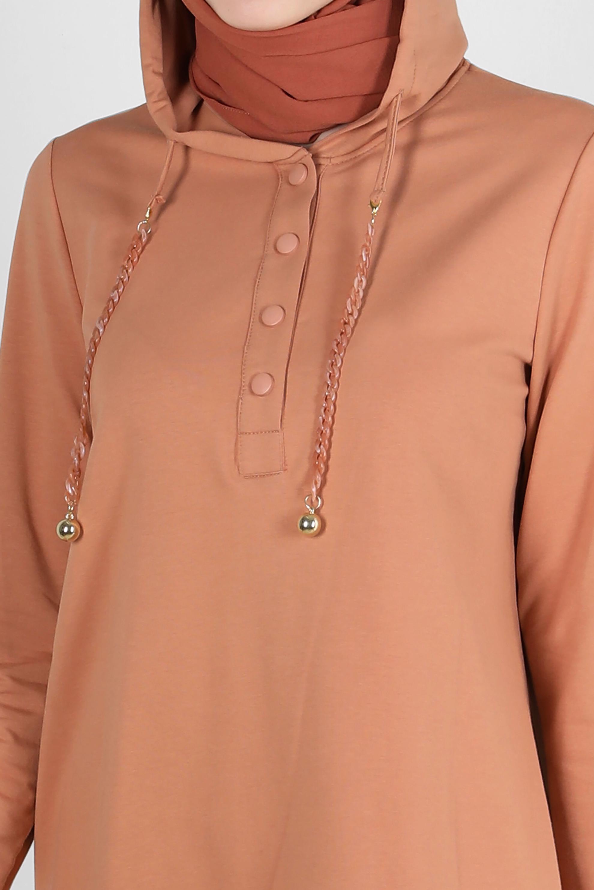 Tesettür giyim PEMBE KAPÜŞONLU ZİNCİR DETAYLI İKİLİ EŞOFMAN TAKIMI 43596