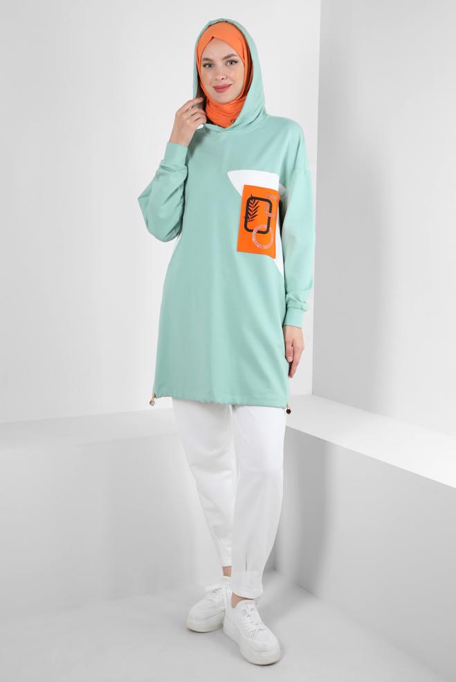 Tesettür giyim  BASKI DETAYLI KAPÜŞONLU EŞOFMAN TUNİK 43622 - ALVİNA