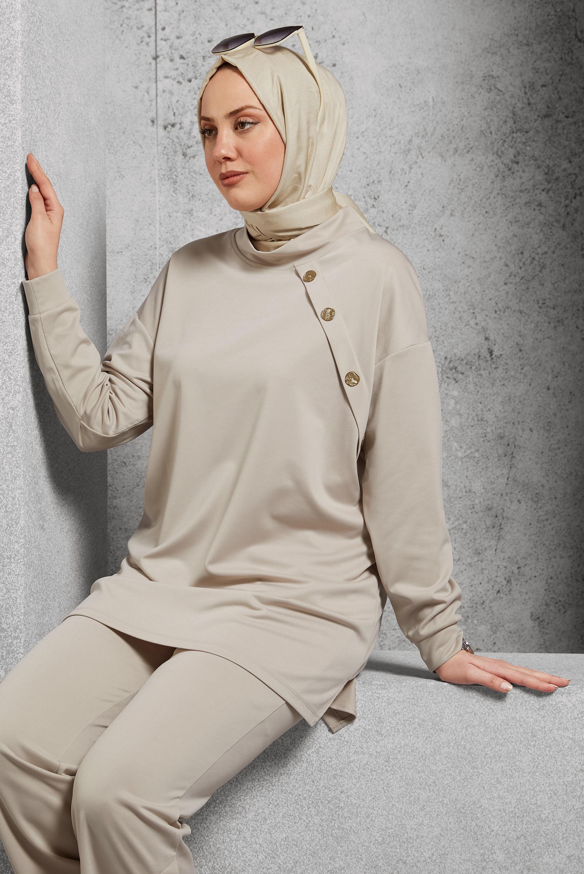 Tesettür giyim BEJ İSPANYOL PAÇA İKİLİ EŞOFMAN TAKIM 43661