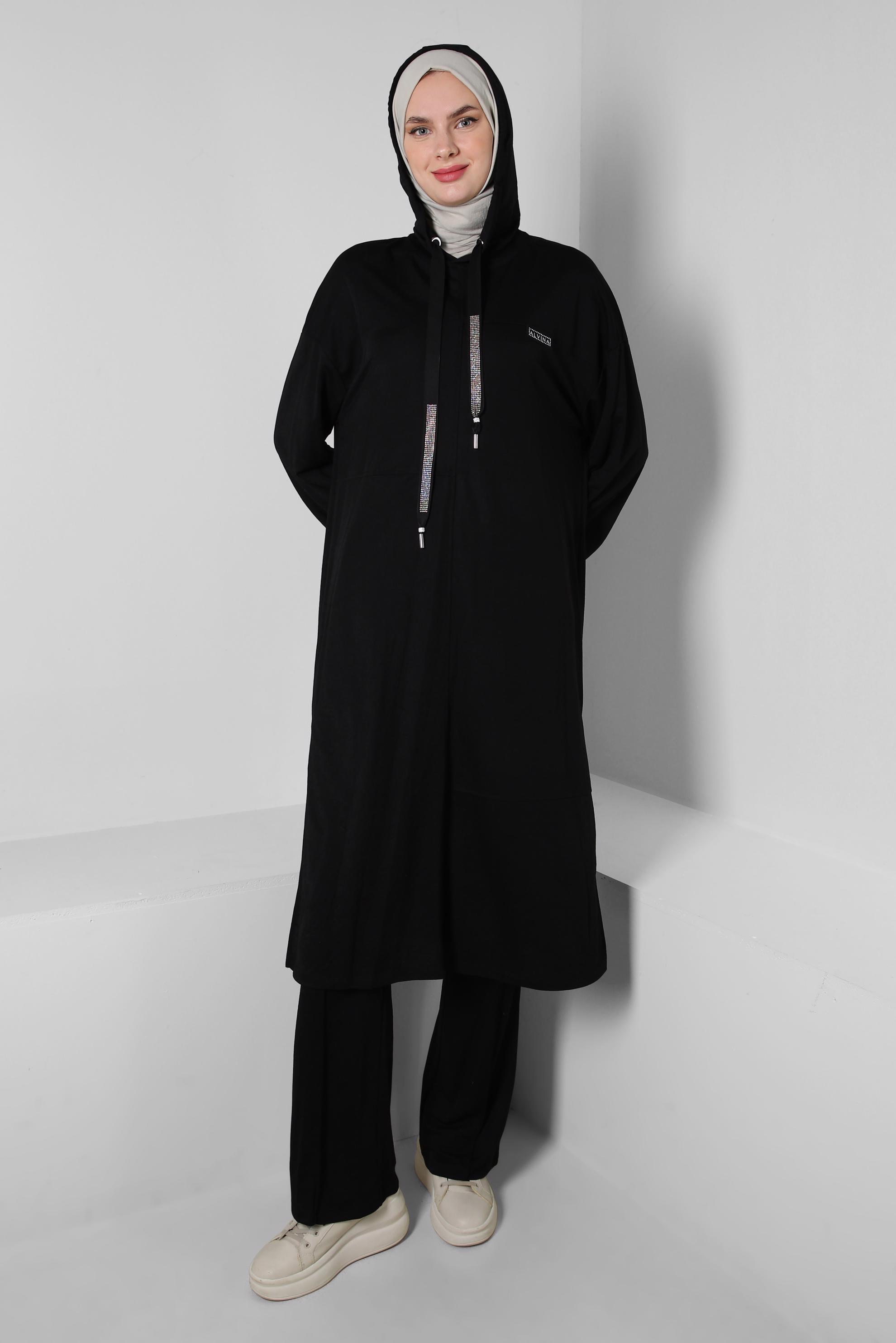 Tesettür giyim SİYAH KAPÜŞONLU BELİ LASTİKLİ İKİLİ EŞOFMAN TAKIM 43662