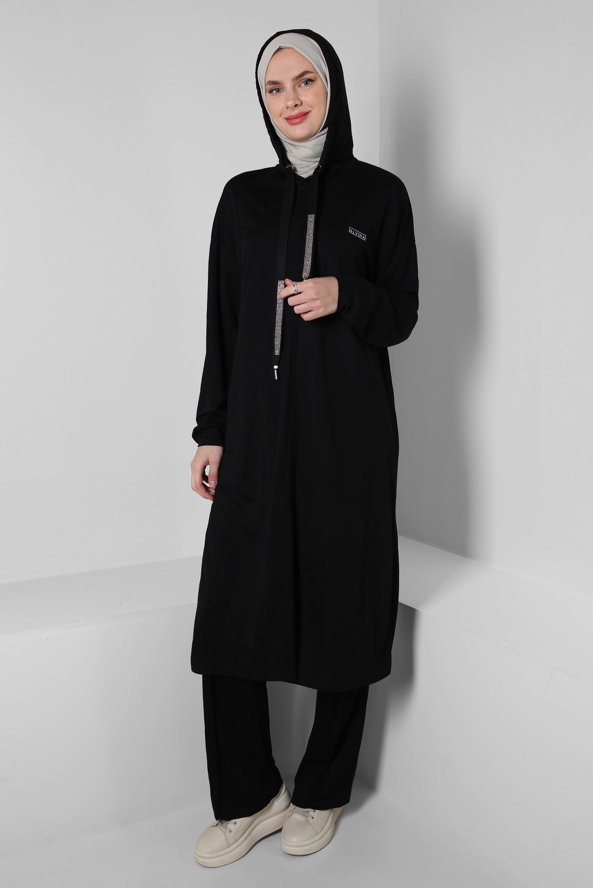 Tesettür giyim SİYAH KAPÜŞONLU BELİ LASTİKLİ İKİLİ EŞOFMAN TAKIM 43662
